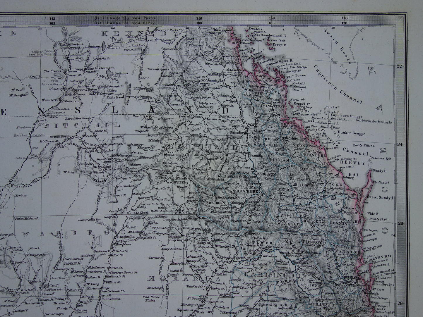 Oude kaart van Victoria en New South Wales zuidoost Australië in 1875 originele antieke gedetailleerde landkaart met jaartal vintage landkaarten