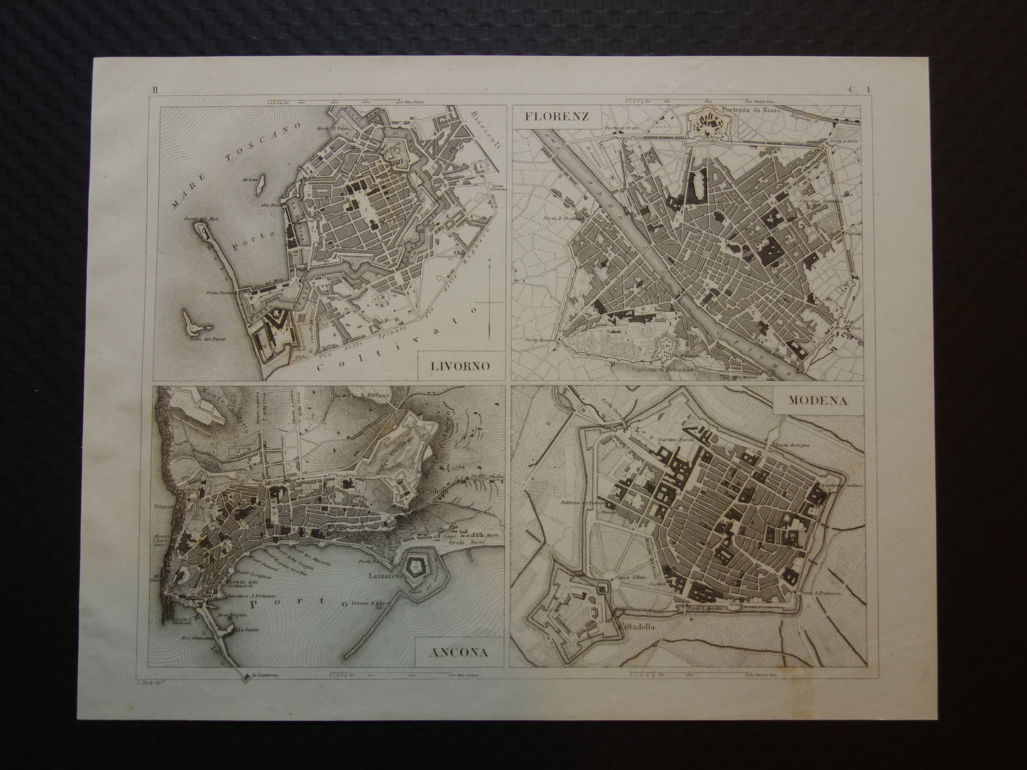 Florence Livorno Modena Ancona antieke plattegrond 175+ jaar oude kaart van Italiaanse steden plattegronden Italië uit 1849 - originele vintage historische kaarten