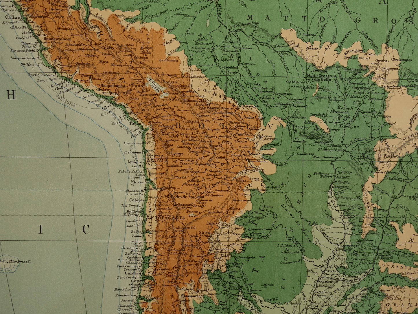 ZUID AMERIKA grote oude kaart van Zuid-Amerika 130+ jaar oude landkaart van continent uit 1890 originele vintage hoogtekaart