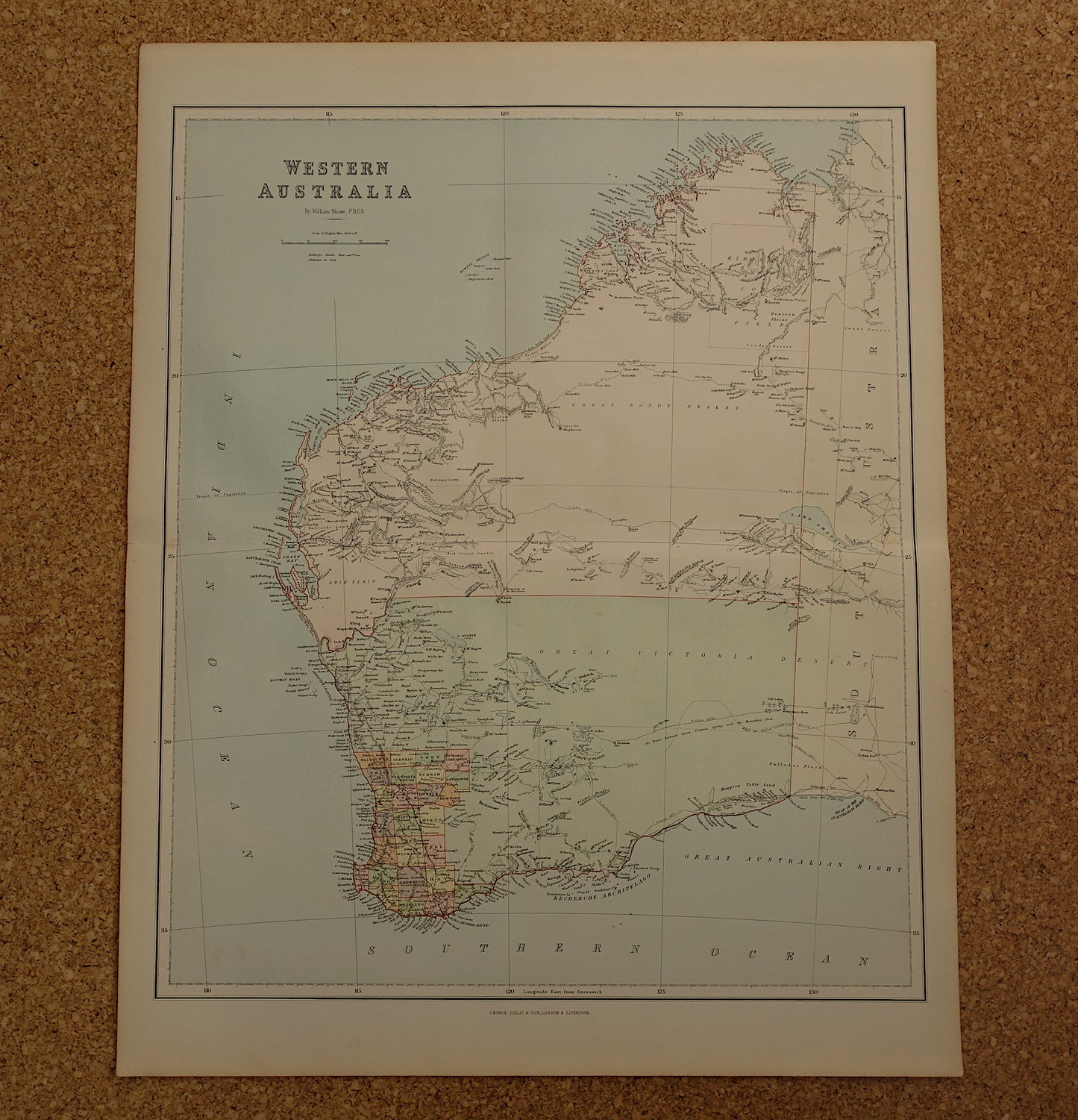 West Australië oude kaart 1890 originele antieke Engelse landkaart Western Australia WA staat Perth poster