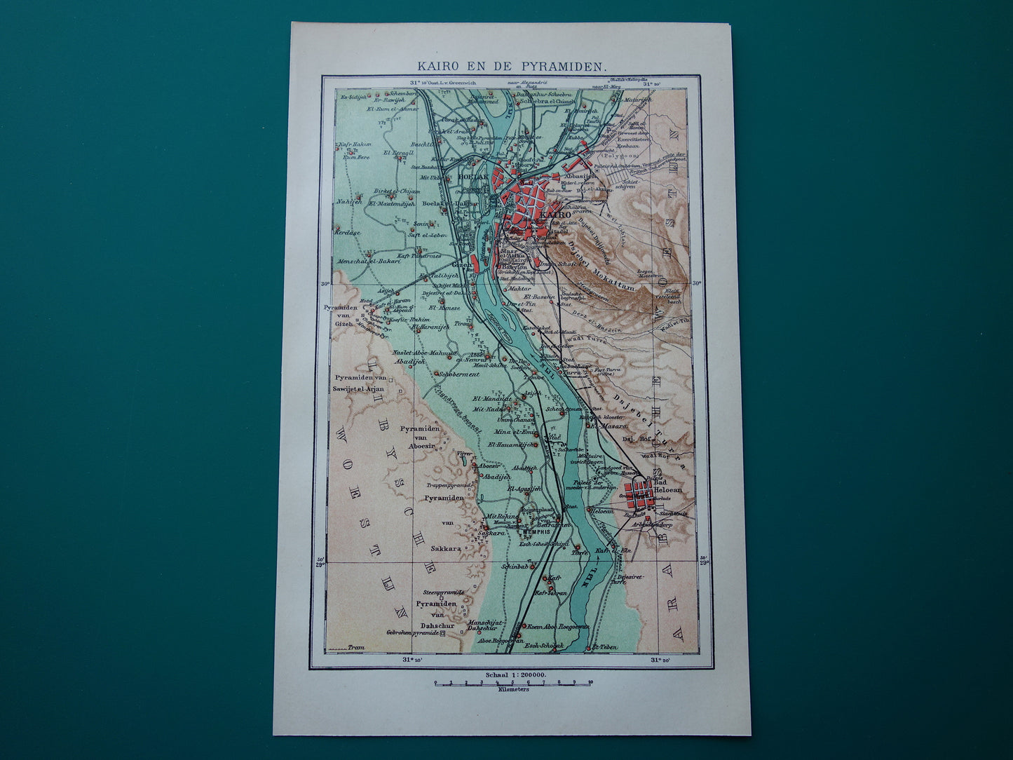 Oude kaart van Caïro Egypte uit 1909 antieke Nederlandse plattegrond van Cairo en de pyramiden