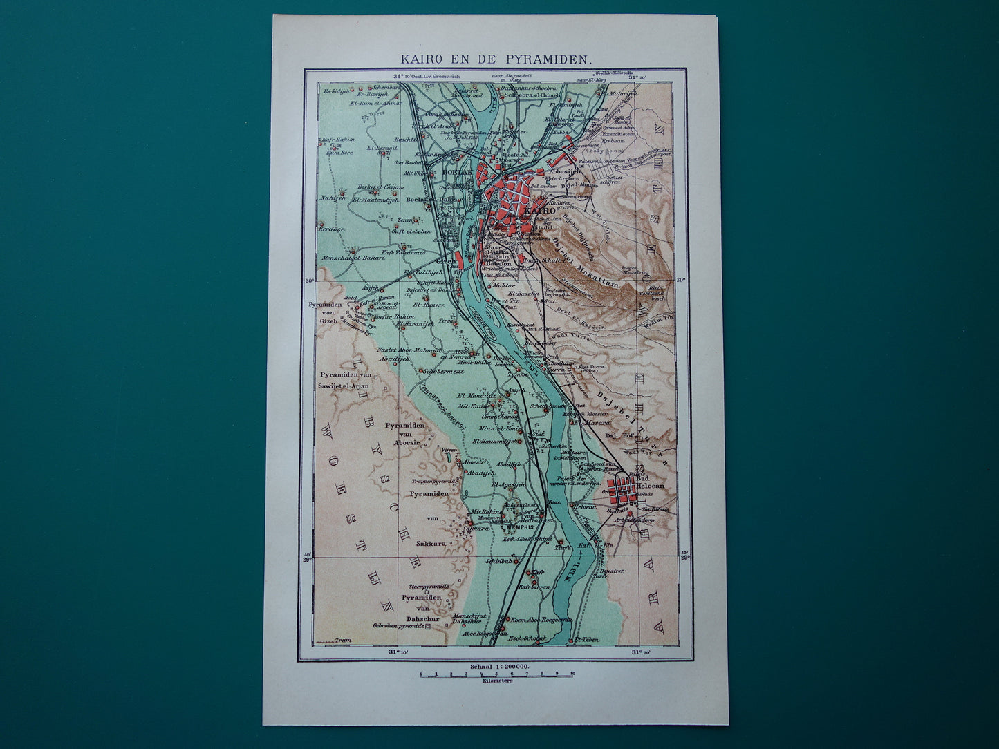 Oude kaart van Caïro Egypte uit 1909 antieke Nederlandse plattegrond van Cairo en de pyramiden