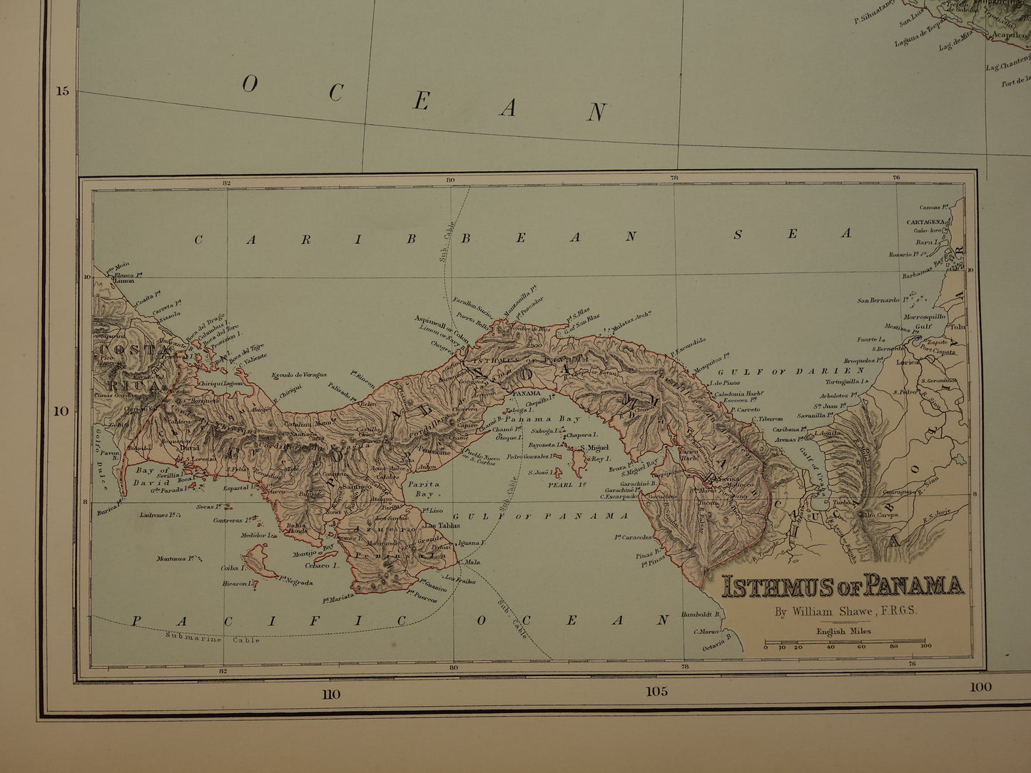 Grote oude kaart van Mexico 1890 originele antieke Engelse landkaart Panama Centraal-Amerika kaarten