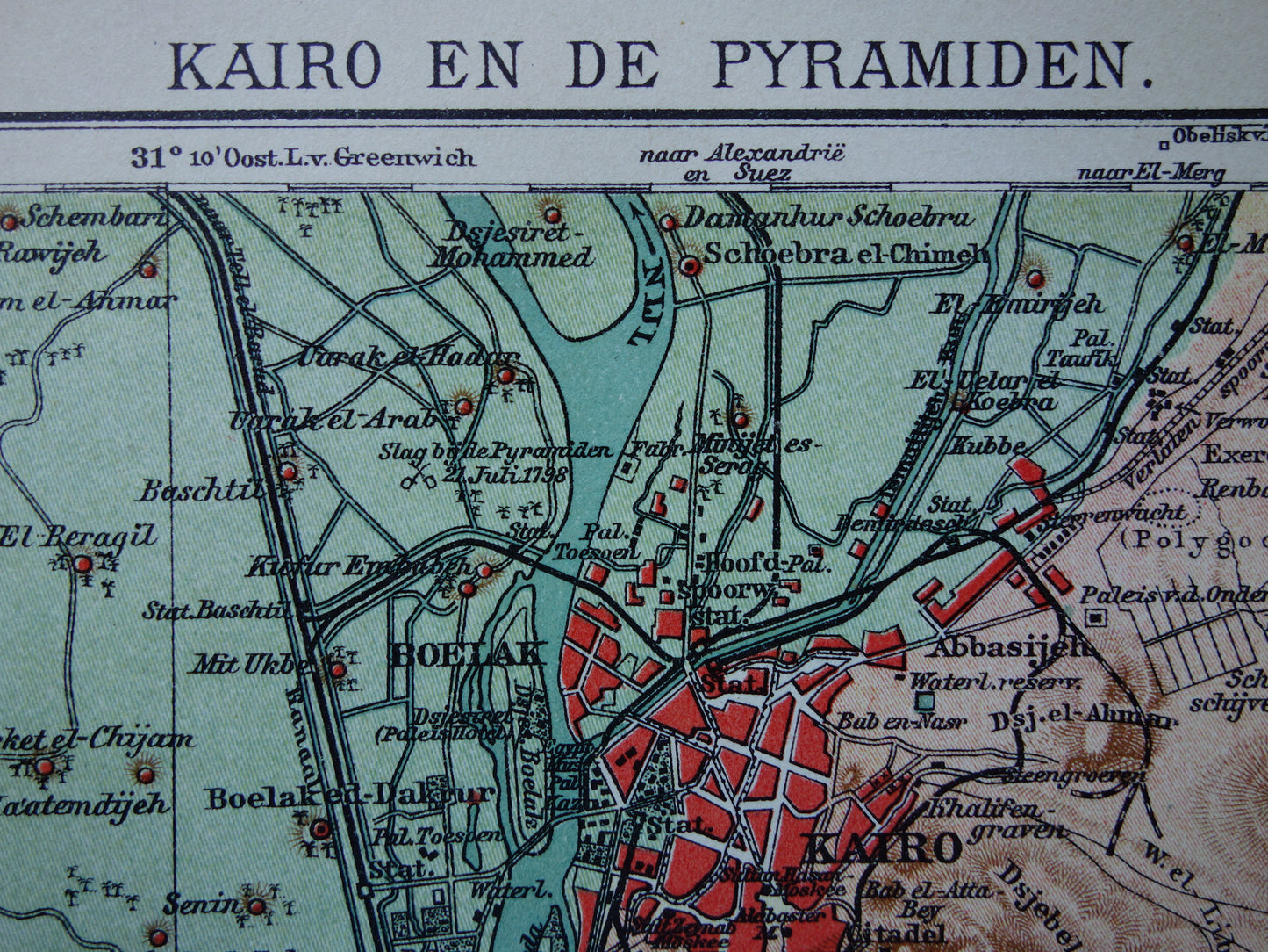 Oude kaart van Caïro Egypte uit 1909 antieke Nederlandse plattegrond van Cairo en de pyramiden