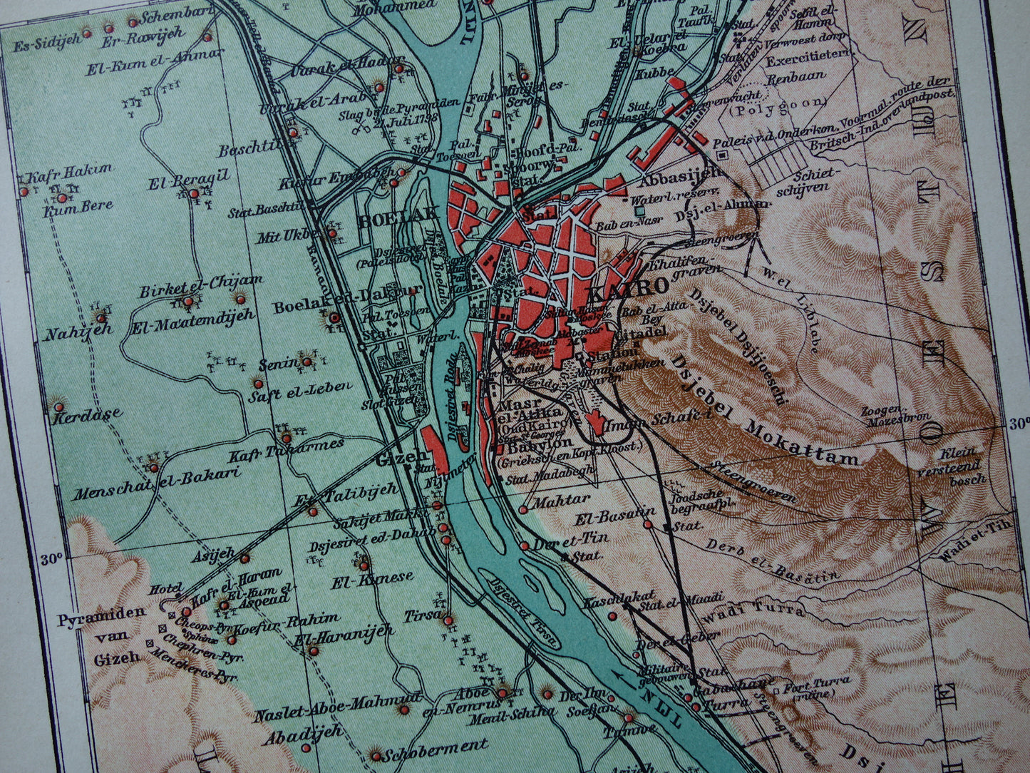 Oude kaart van Caïro Egypte uit 1909 antieke Nederlandse plattegrond van Cairo en de pyramiden