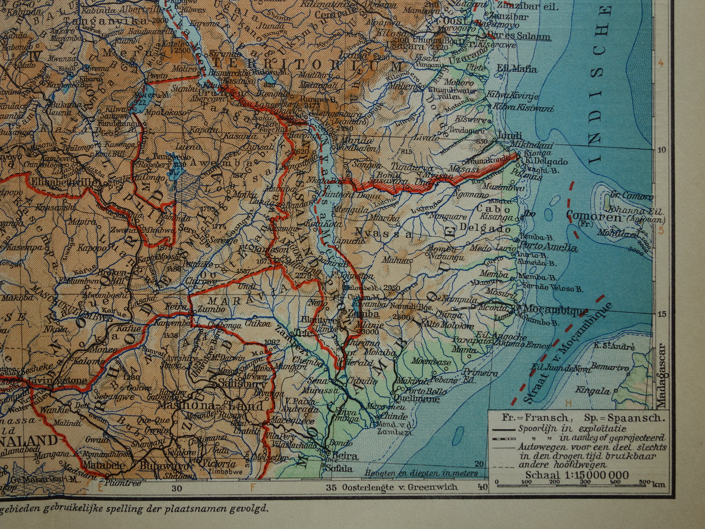 Oude kaart van Centraal Afrika uit 1934 originele Nederlandse landkaart van Midden-Afrika Congo Angola Tanzania historische vintage print