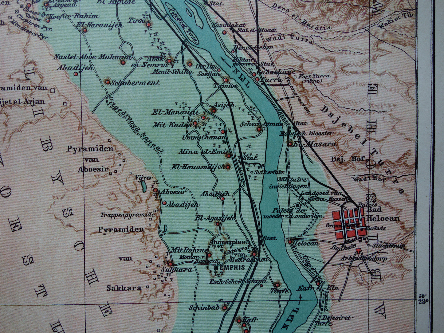 Oude kaart van Caïro Egypte uit 1909 antieke Nederlandse plattegrond van Cairo en de pyramiden