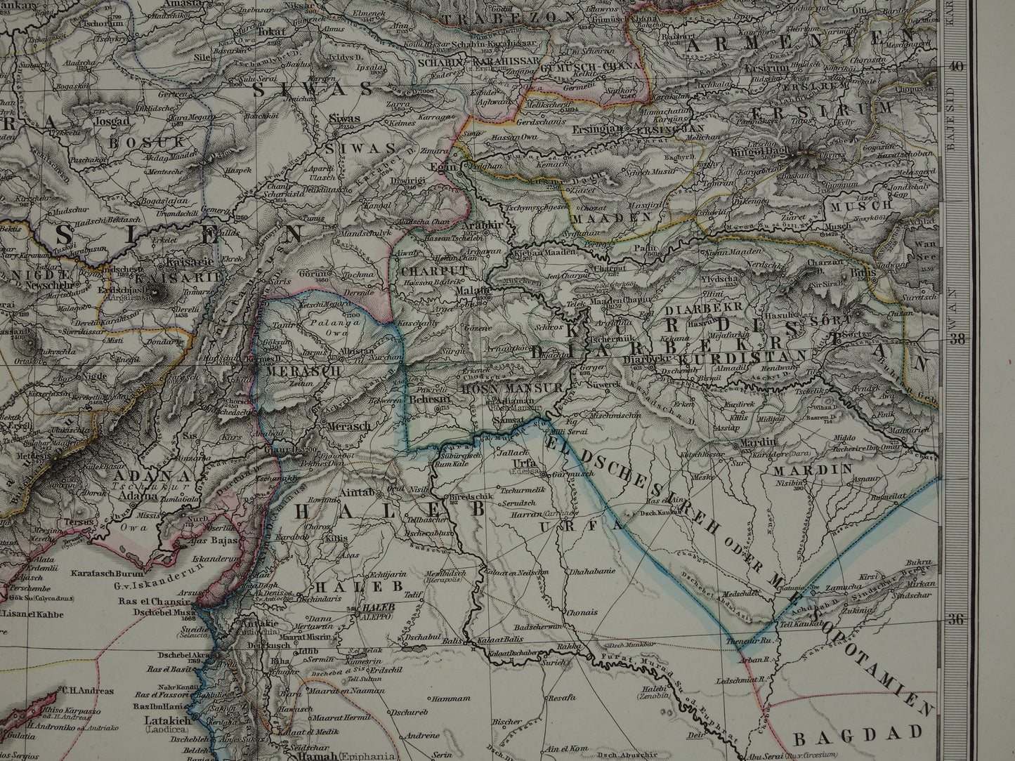 Alte Karte der Türkei, Zypern, Syrien, Palästina, Libanon, 1878, originale antike deutsche Karte