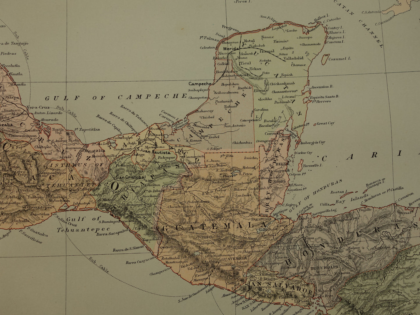 Grote oude kaart van Mexico 1890 originele antieke Engelse landkaart Panama Centraal-Amerika kaarten