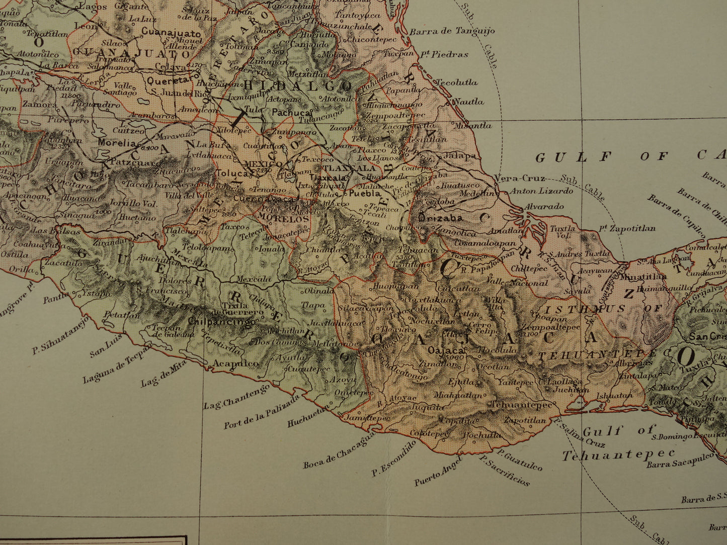Grote oude kaart van Mexico 1890 originele antieke Engelse landkaart Panama Centraal-Amerika kaarten