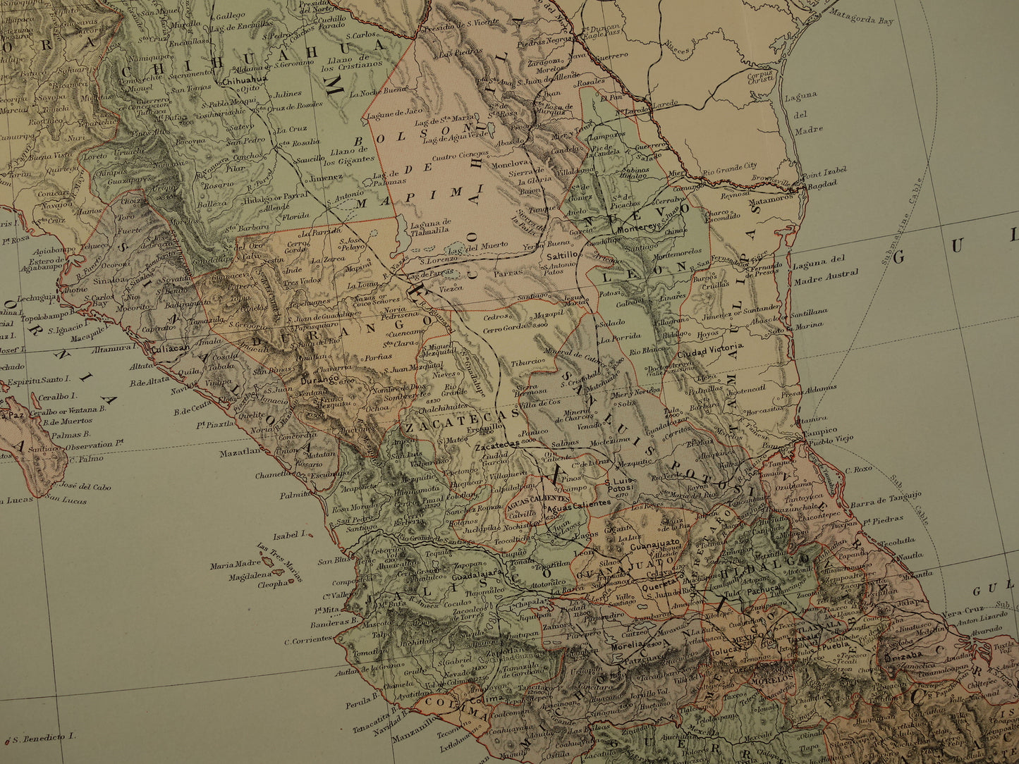 Grote oude kaart van Mexico 1890 originele antieke Engelse landkaart Panama Centraal-Amerika kaarten