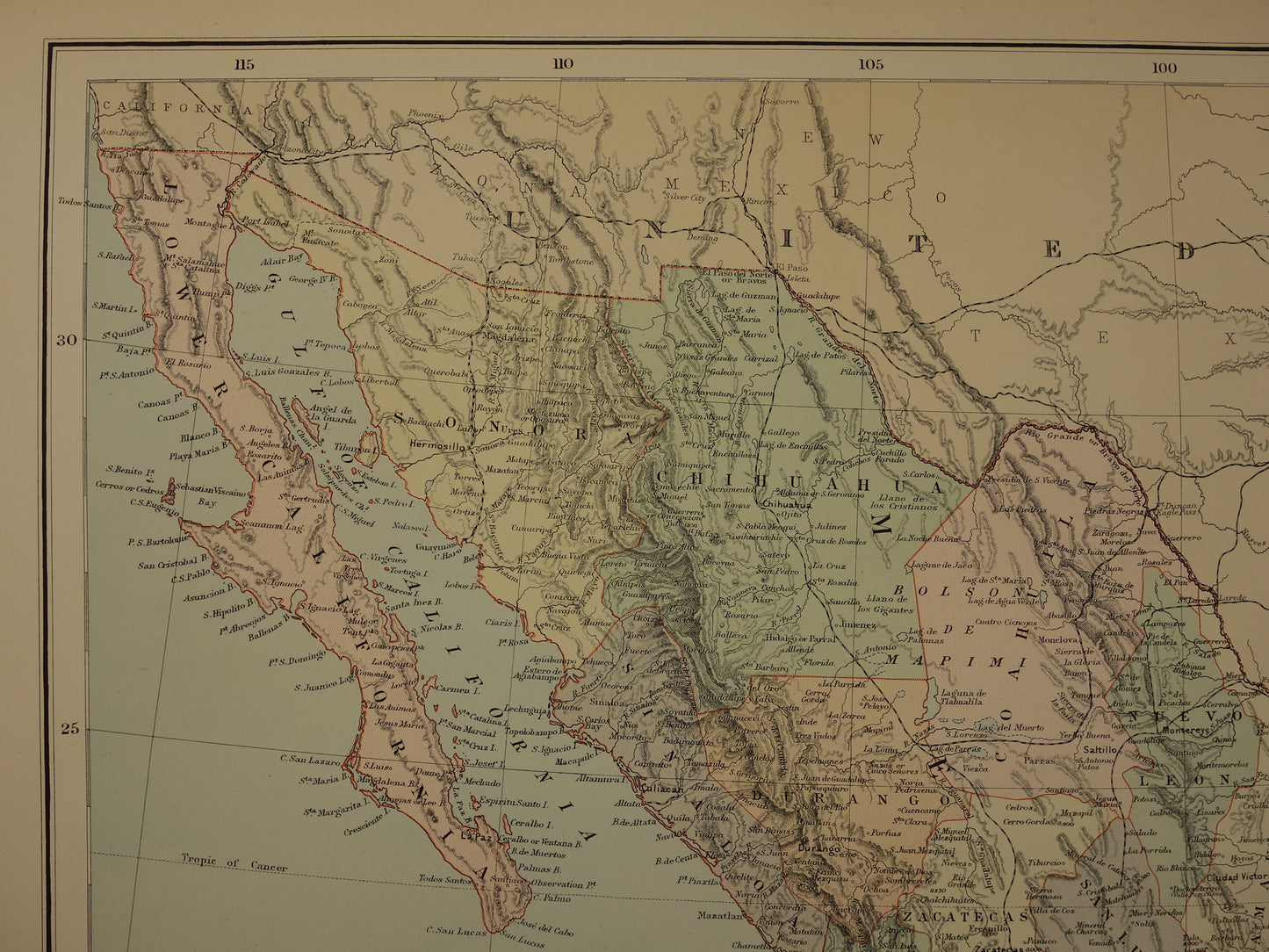 Grote oude kaart van Mexico 1890 originele antieke Engelse landkaart Panama Centraal-Amerika kaarten