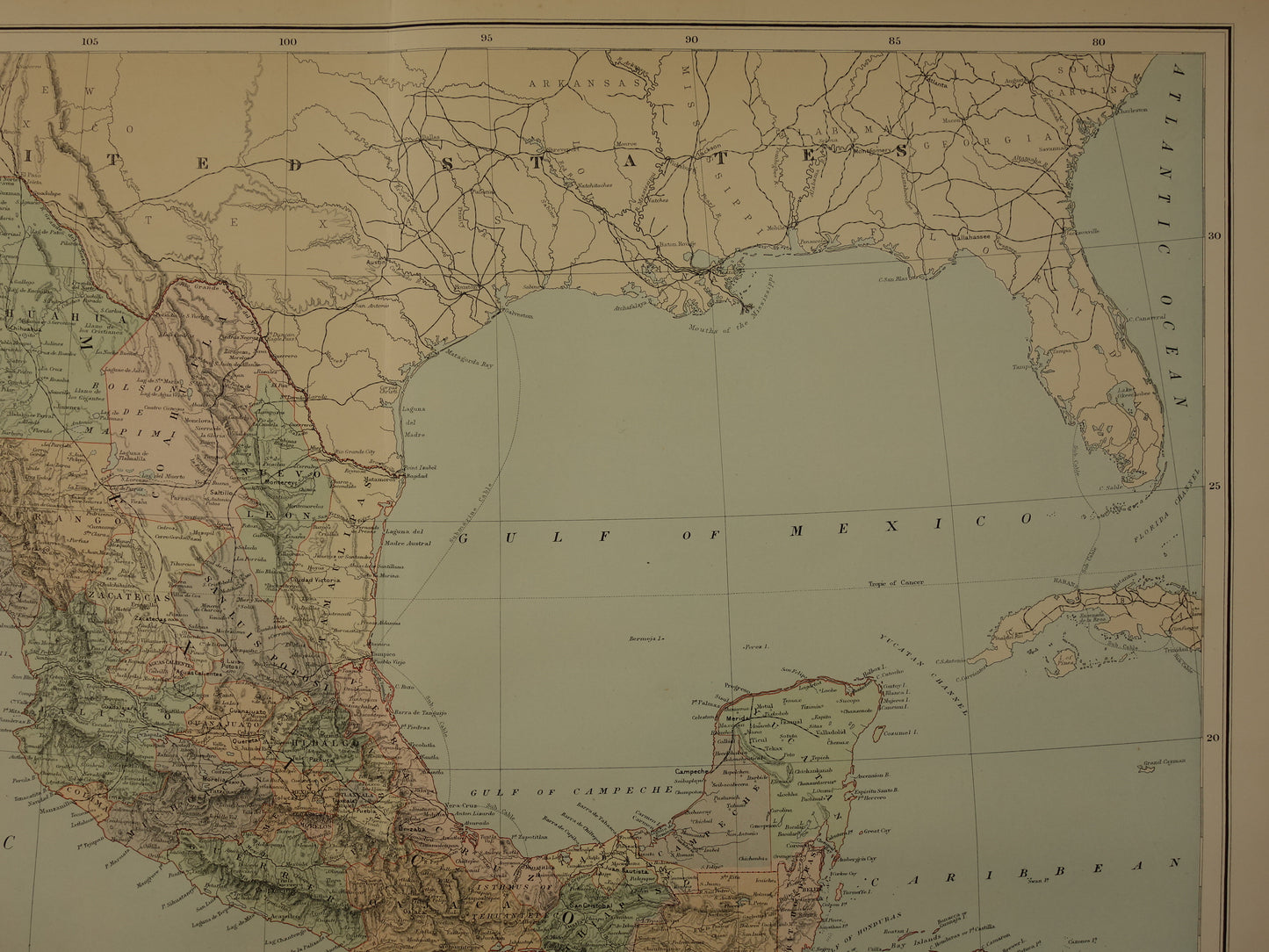 Grote oude kaart van Mexico 1890 originele antieke Engelse landkaart Panama Centraal-Amerika kaarten