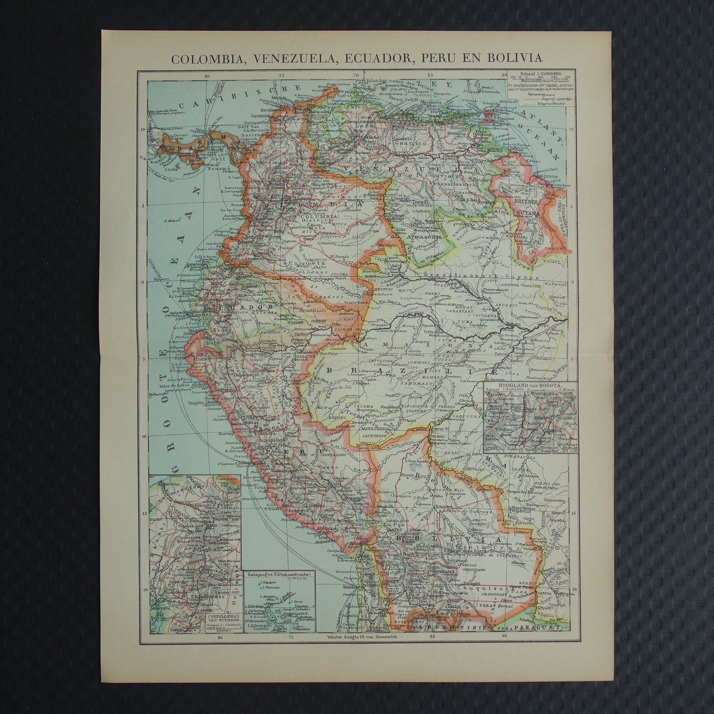Oude kaart Venezuela Colombia Ecuador Peru en Bolivia historische landkaart Galapagos vintage Nederlandse kaarten
