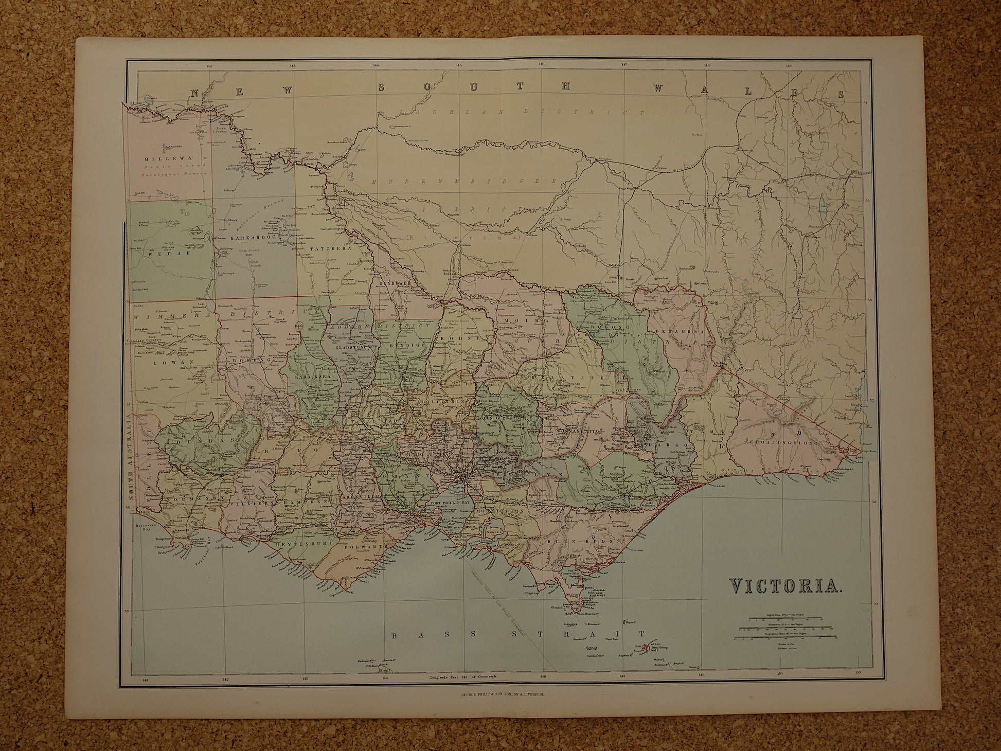 Victoria Australië oude kaart 1890 originele antieke Engelse landkaart Victoria VIC staat poster