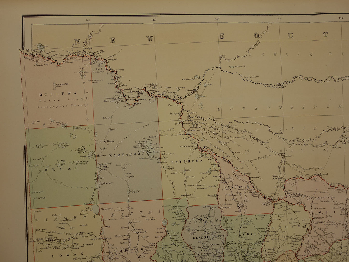 Victoria Australië oude kaart 1890 originele antieke Engelse landkaart Victoria VIC staat poster