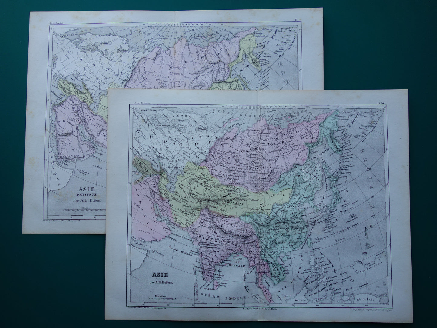 AZIË oude kaart van Azië uit 1858 set van 2 originele antieke Franse landkaarten China India Indonesië vintage kaarten