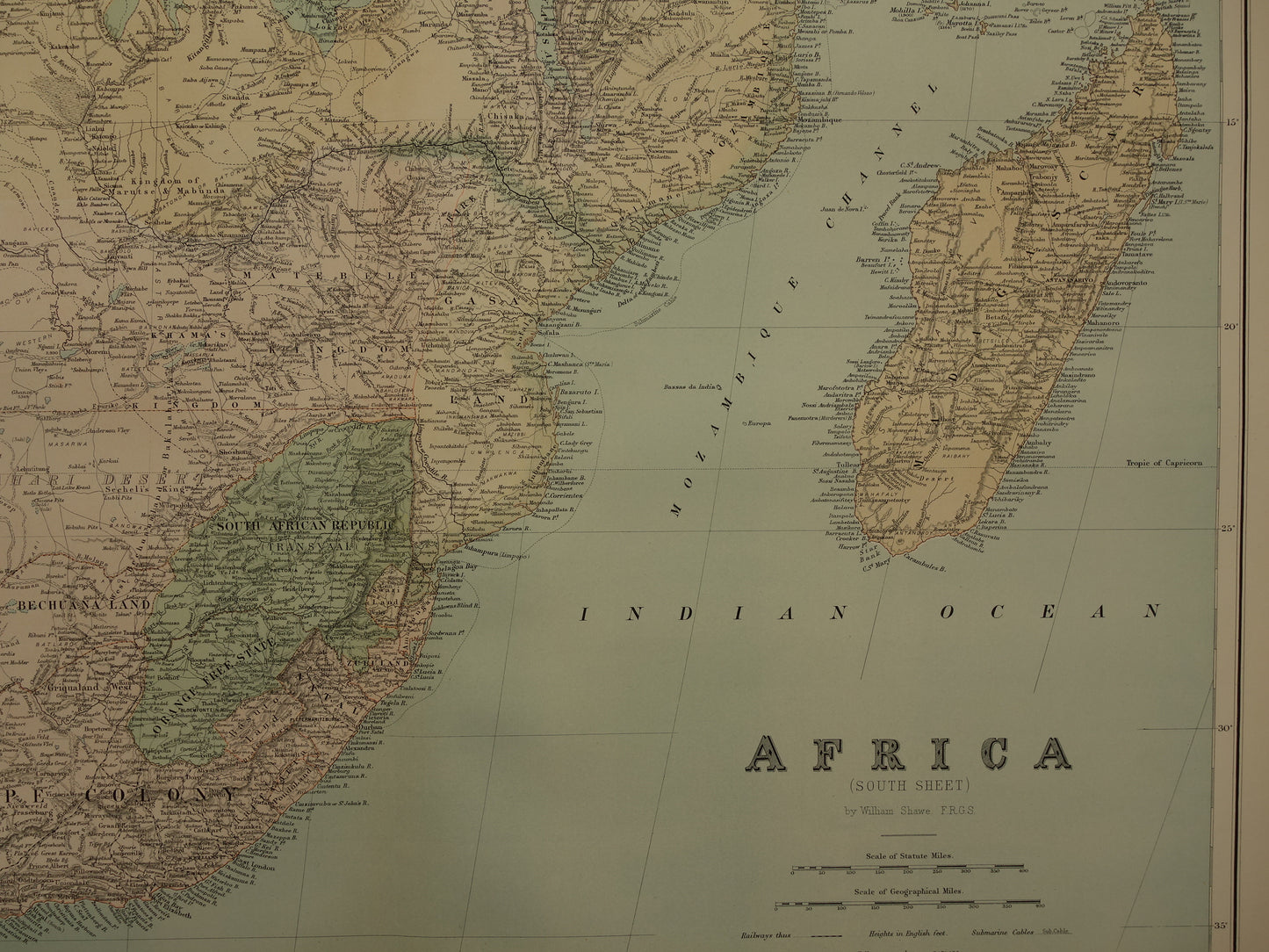 Antieke kaart zuiden van Afrika uit 1890 Grote originele 130+ jaar oude landkaart Madagaskar Mozambique Zambia Zuid-Afrika