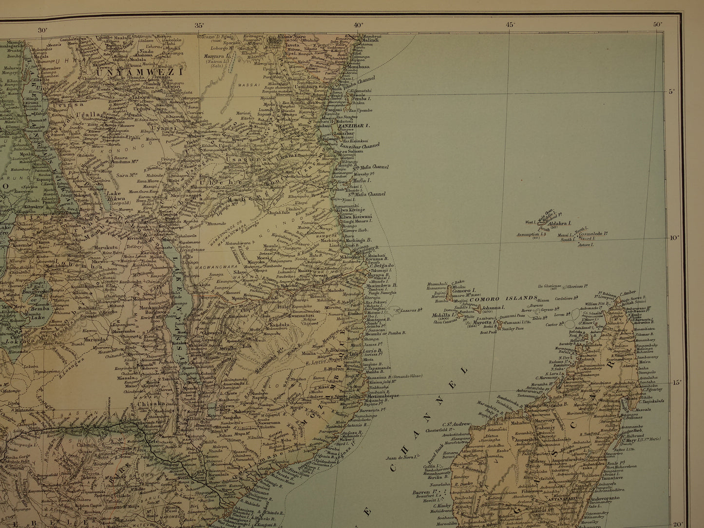 Antieke kaart zuiden van Afrika uit 1890 Grote originele 130+ jaar oude landkaart Madagaskar Mozambique Zambia Zuid-Afrika