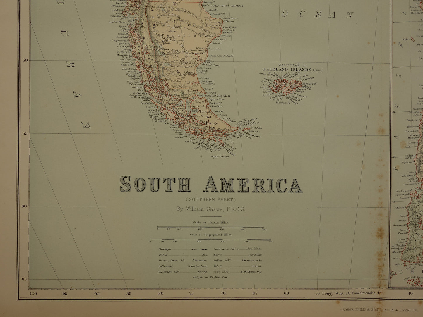 Chili Oude kaart van Chili uit 1890 Grote antieke Engelse landkaart