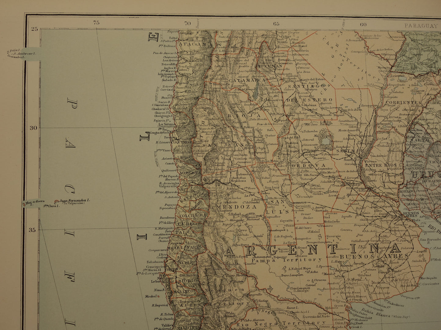 Chili Oude kaart van Chili uit 1890 Grote antieke Engelse landkaart