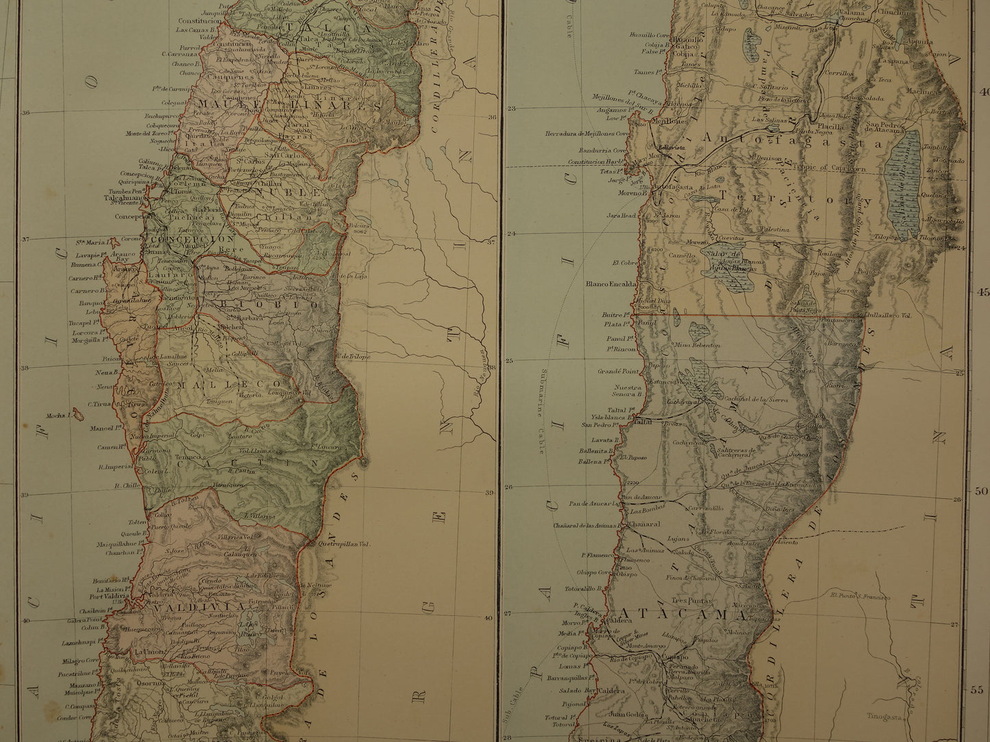 Chili Oude kaart van Chili uit 1890 Grote antieke Engelse landkaart