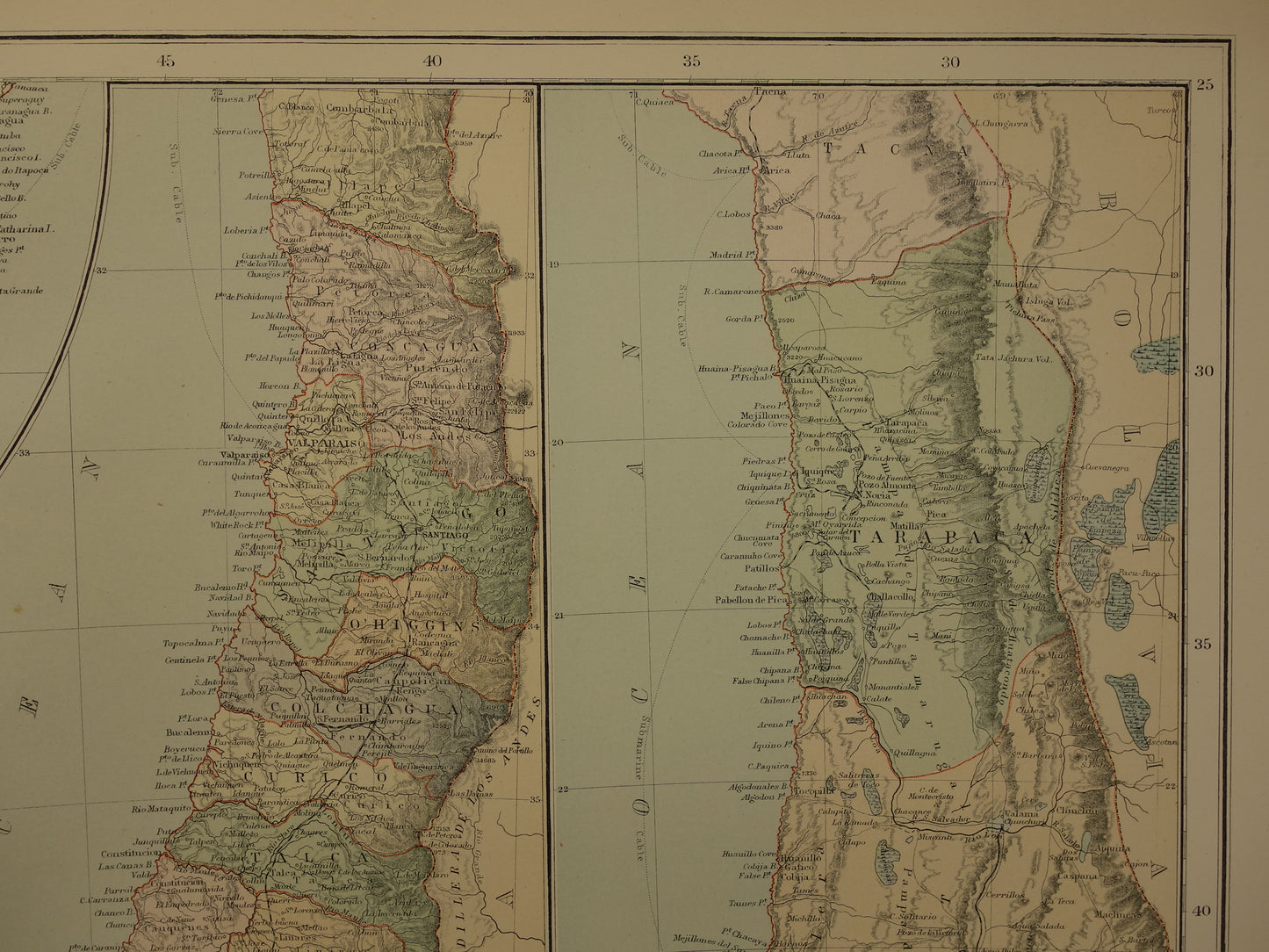 Chili Oude kaart van Chili uit 1890 Grote antieke Engelse landkaart