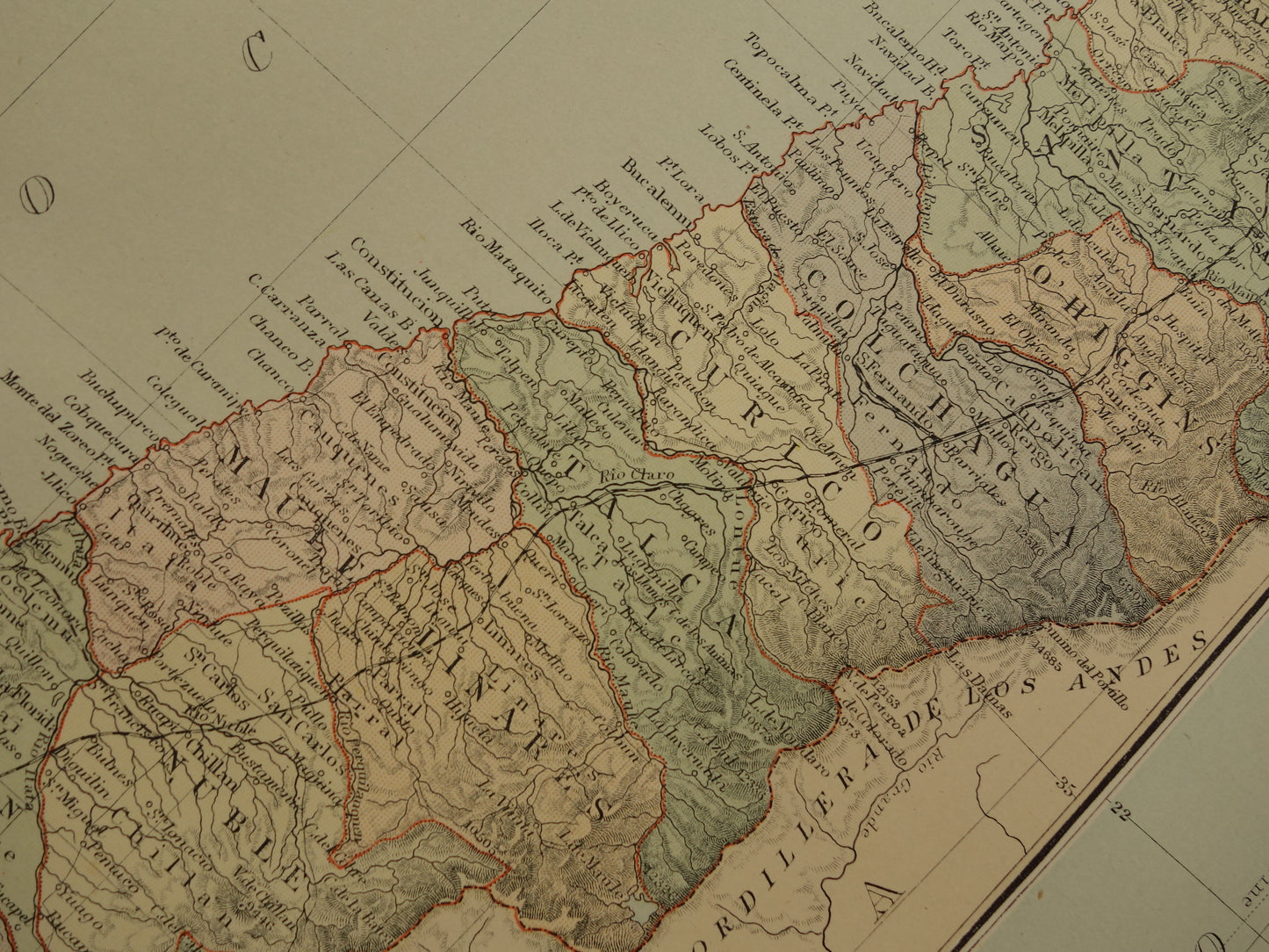 Chili Oude kaart van Chili uit 1890 Grote antieke Engelse landkaart