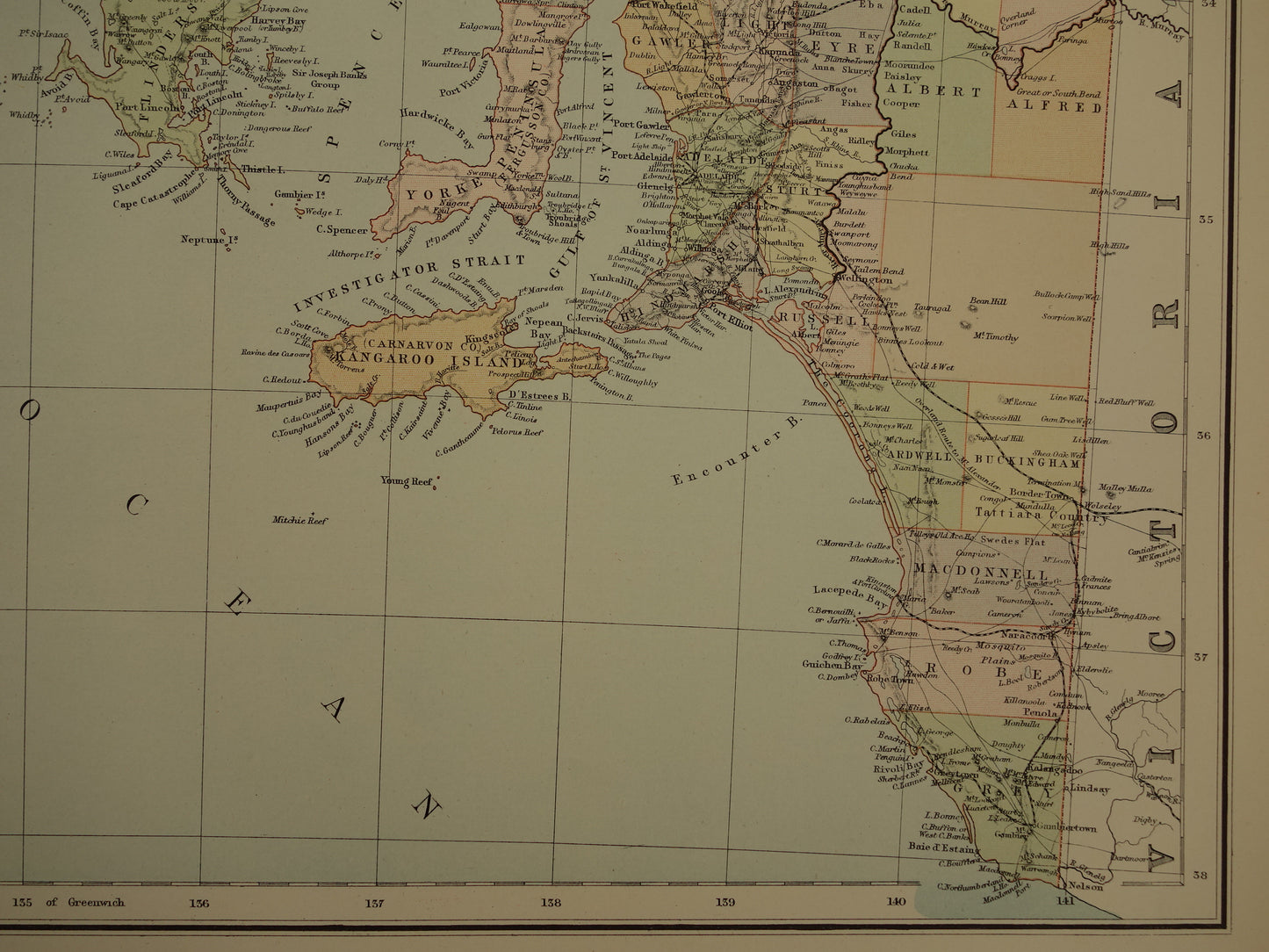 Grote kaart van AUSTRALIË oude kaart van Souh Australia met Northern Territory 1890 originele antieke Engelse landkaart Zuid-Australië