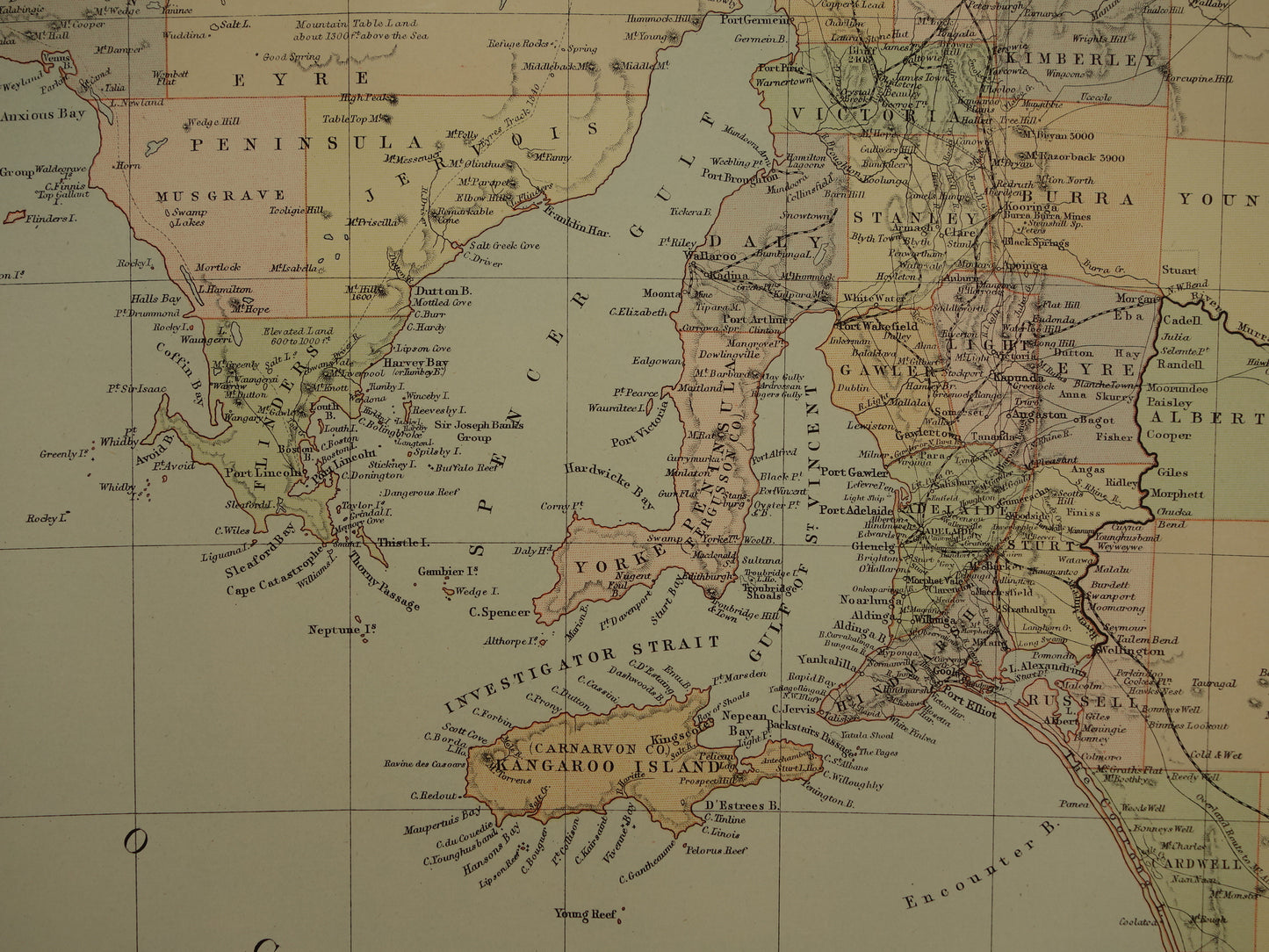 Grote kaart van AUSTRALIË oude kaart van Souh Australia met Northern Territory 1890 originele antieke Engelse landkaart Zuid-Australië