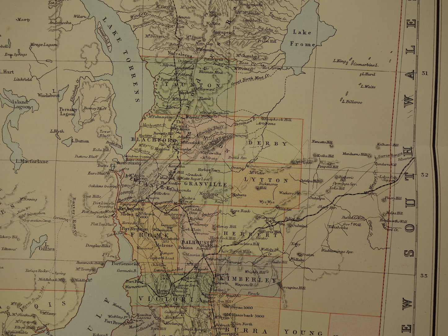 Grote kaart van AUSTRALIË oude kaart van Souh Australia met Northern Territory 1890 originele antieke Engelse landkaart Zuid-Australië