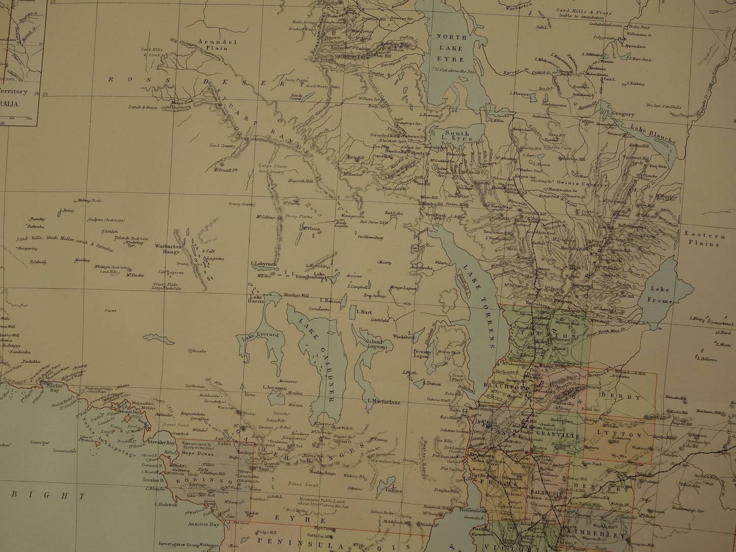 Grote kaart van AUSTRALIË oude kaart van Souh Australia met Northern Territory 1890 originele antieke Engelse landkaart Zuid-Australië