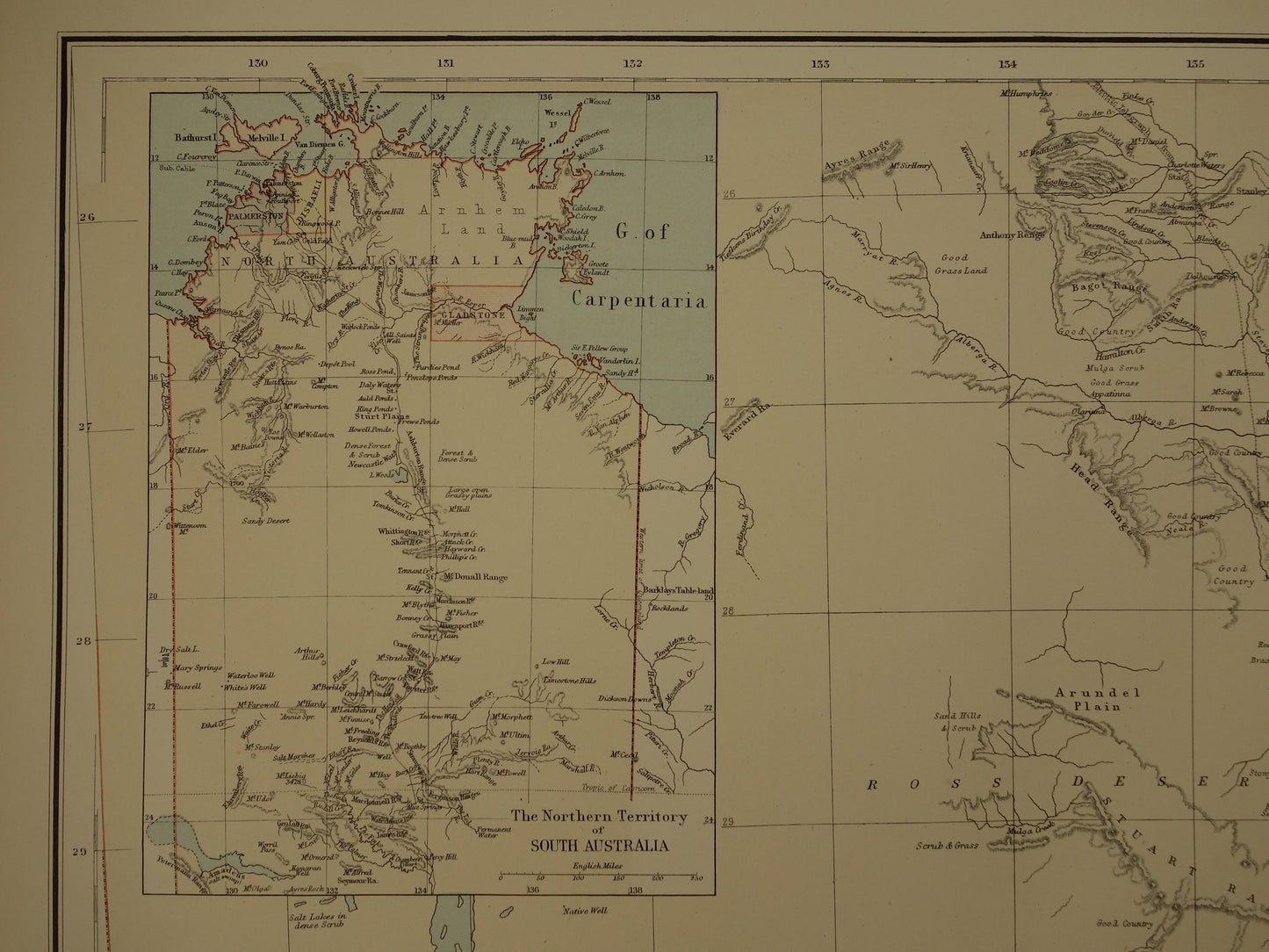 Grote kaart van AUSTRALIË oude kaart van Souh Australia met Northern Territory 1890 originele antieke Engelse landkaart Zuid-Australië