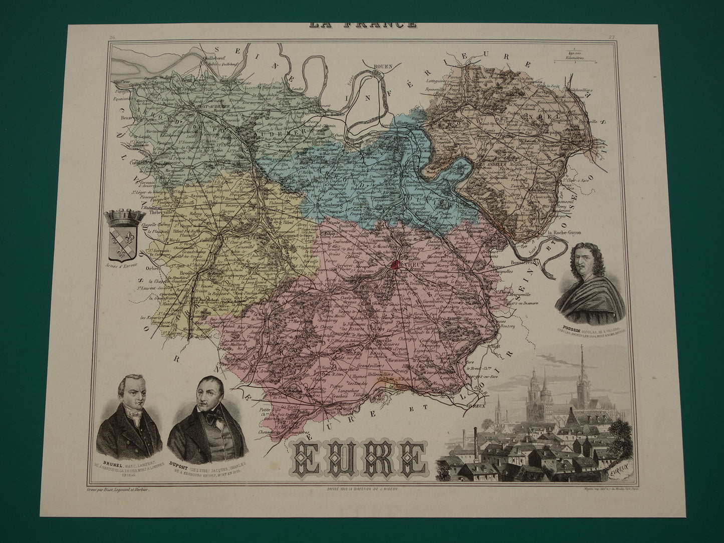EURE Kaart van Eure departement in Frankrijk uit 1883 originele antieke oude handgekleurde landkaart Evreux