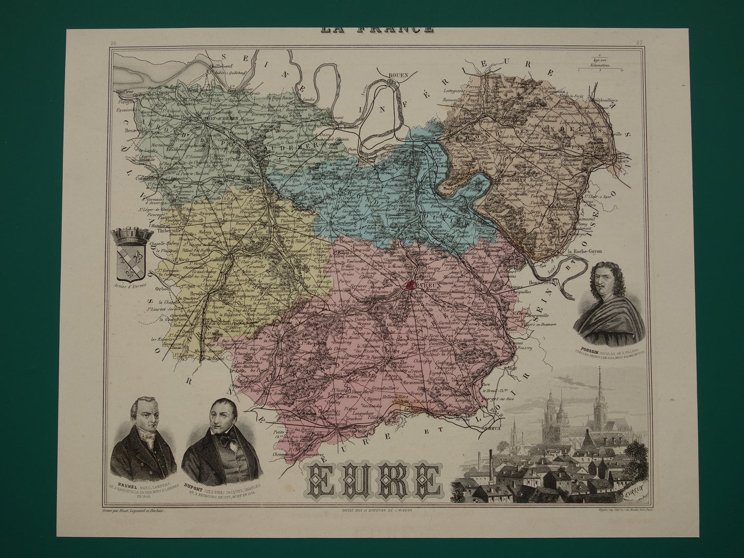 EURE Kaart van Eure departement in Frankrijk uit 1883 originele antieke oude handgekleurde landkaart Evreux