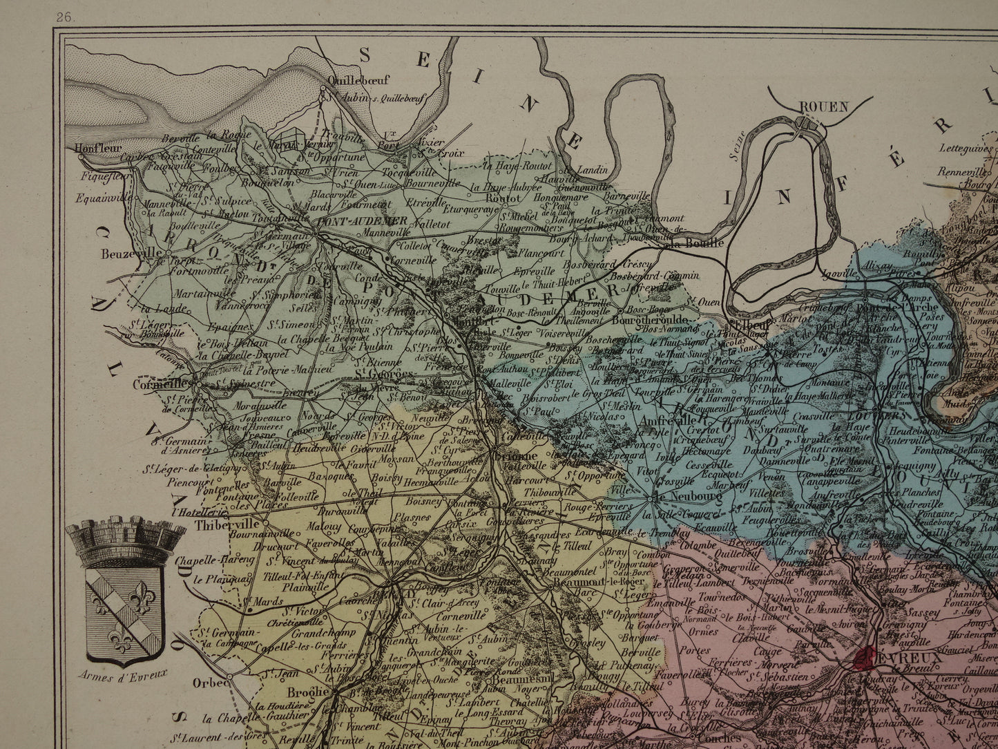 EURE Kaart van Eure departement in Frankrijk uit 1883 originele antieke oude handgekleurde landkaart Evreux