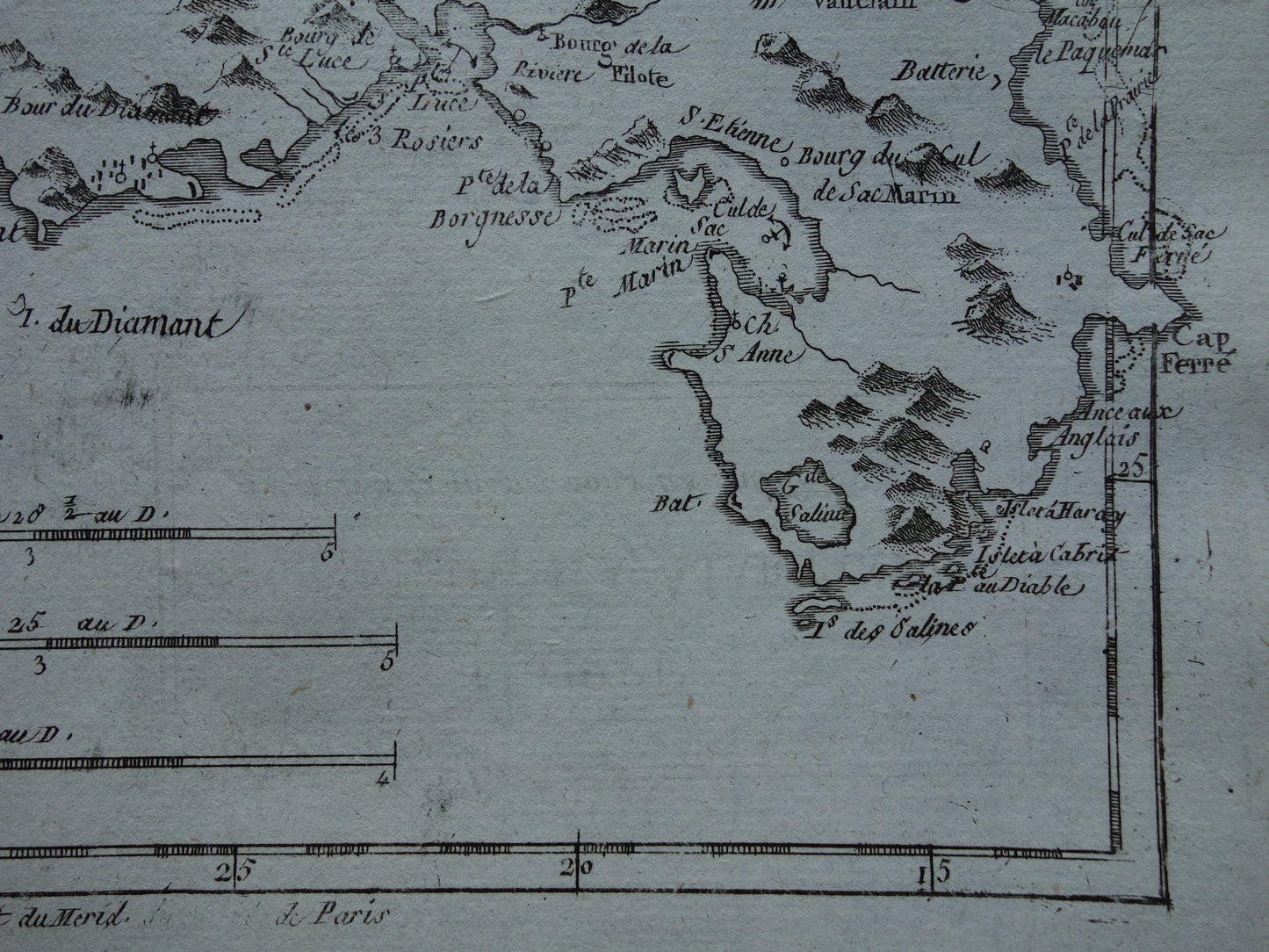 Martinique Oude landkaart Originele antieke Franse Bonne kaart uit 1784 van Martinique