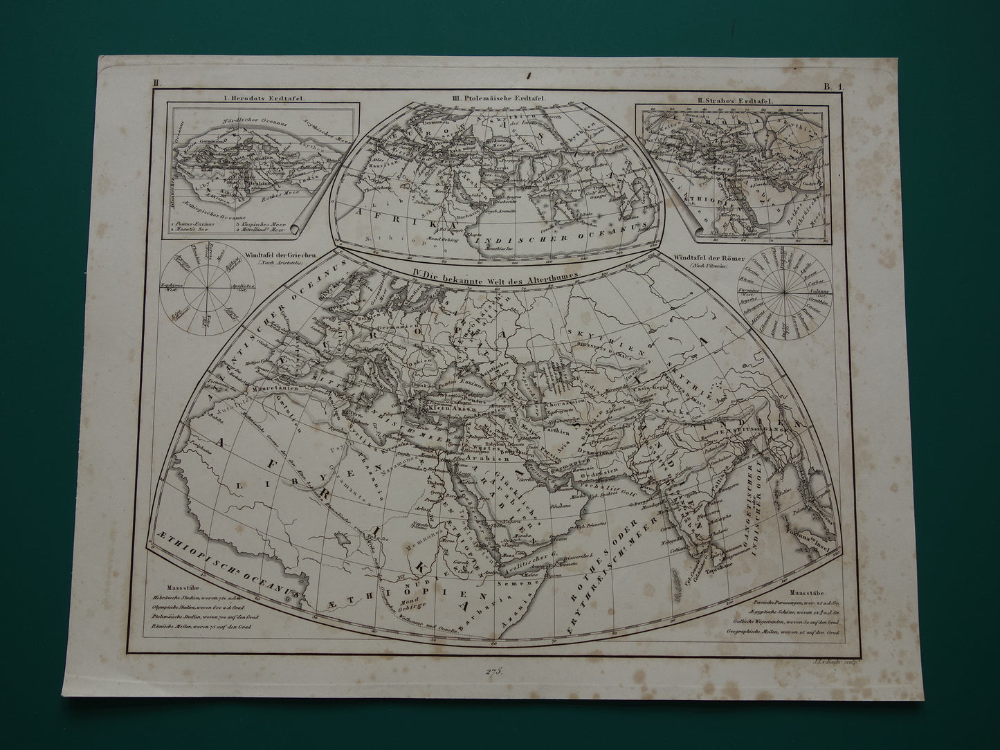Antieke historische WERELDKAARTEN 1849 oude print met kaart van Strabo Ptolemaeus Herodotus van de wereld in de klassieke oudheid