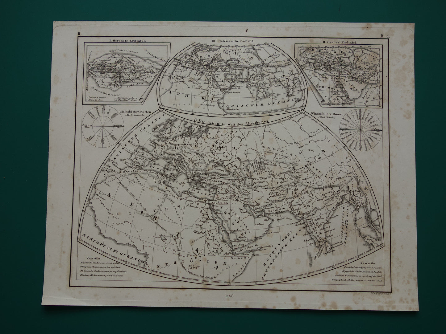 Antieke historische WERELDKAARTEN 1849 oude print met kaart van Strabo Ptolemaeus Herodotus van de wereld in de klassieke oudheid