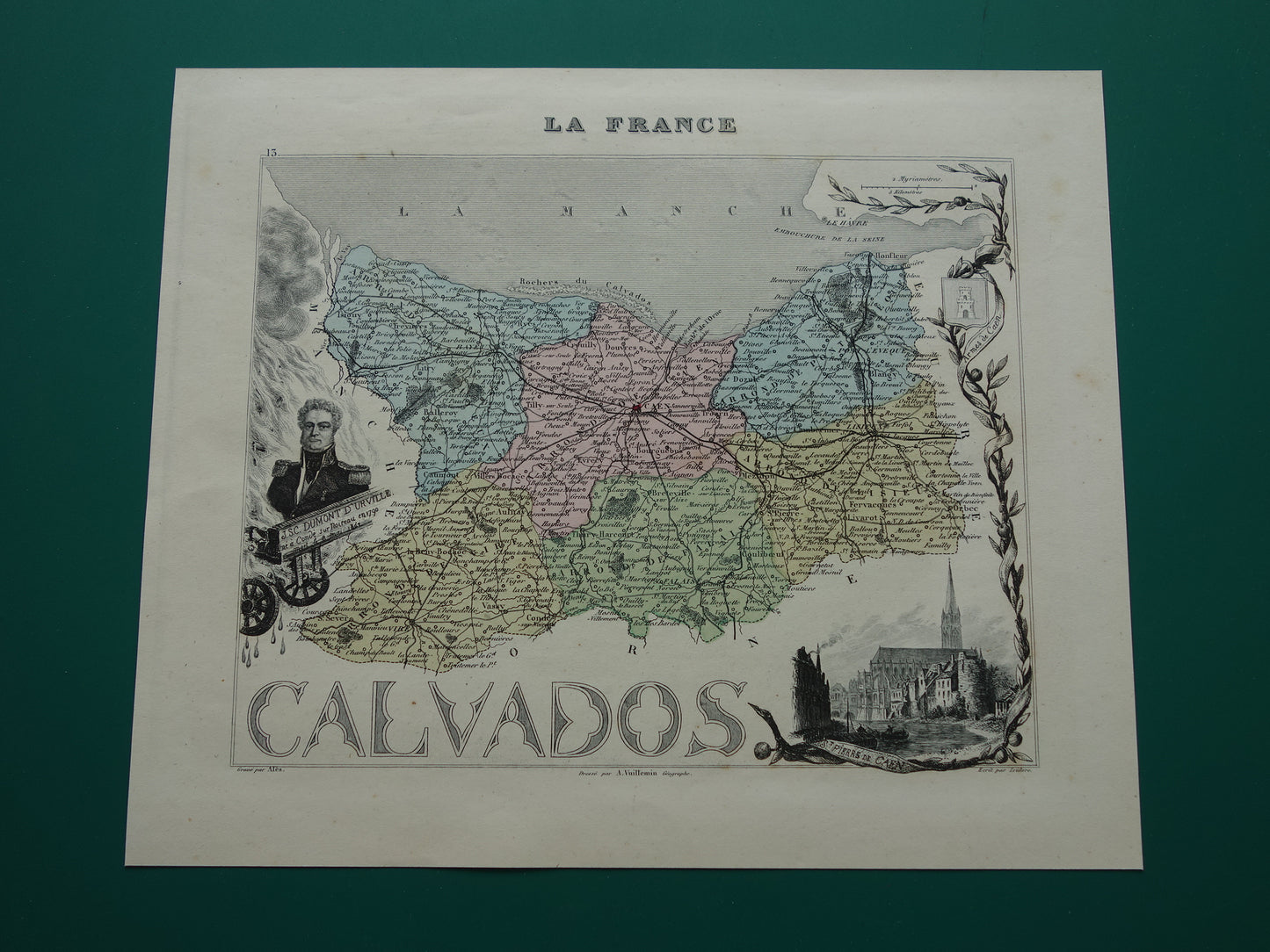 CALVADOS Oude Kaart van departement in Frankrijk uit 1870 originele antieke handgekleurde landkaart Caen Calvados
