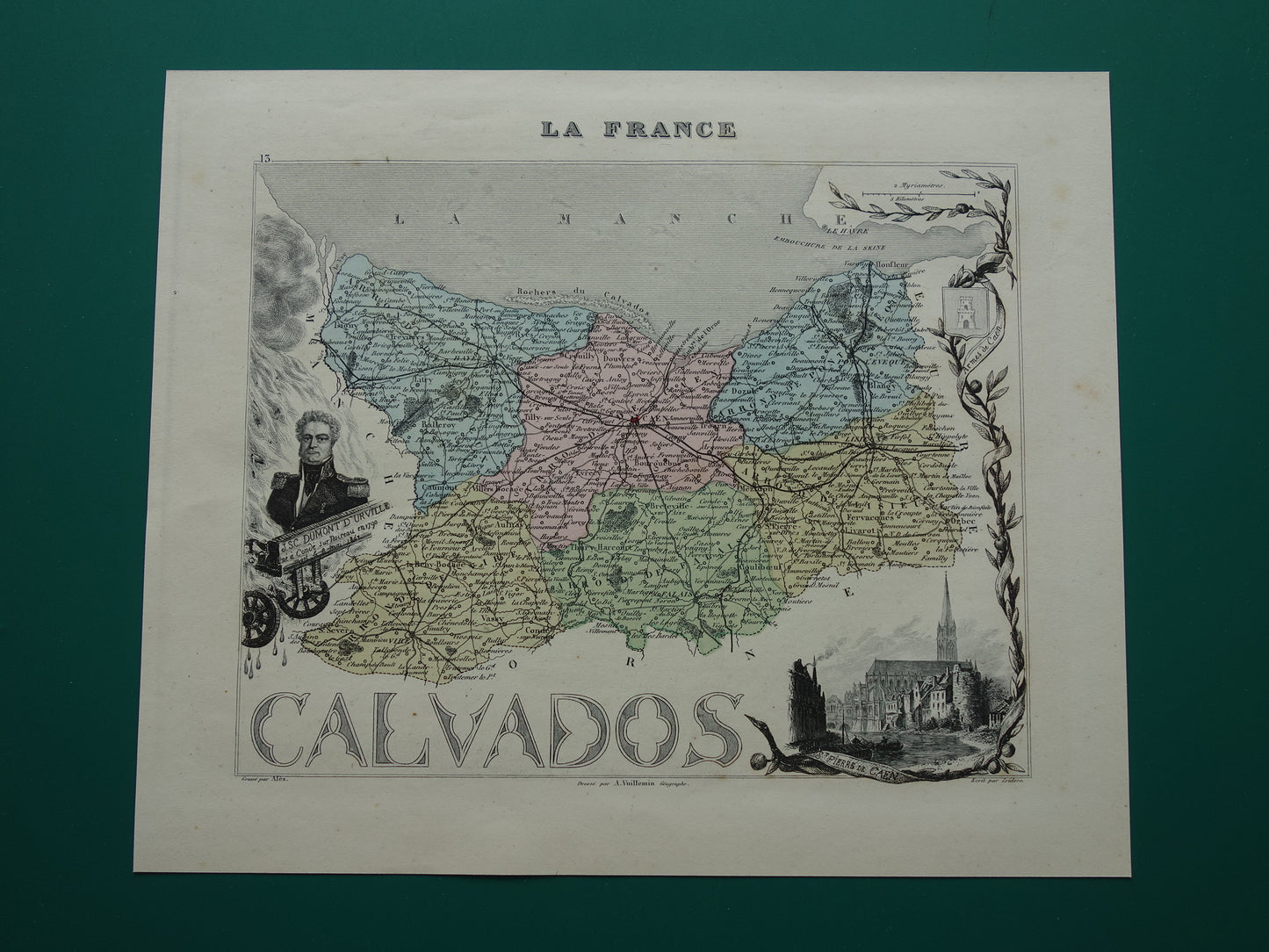 CALVADOS Oude Kaart van departement in Frankrijk uit 1870 originele antieke handgekleurde landkaart Caen Calvados
