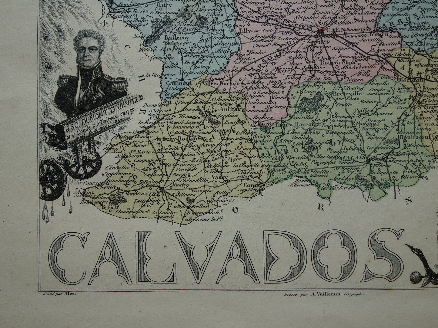 CALVADOS Oude Kaart van departement in Frankrijk uit 1870 originele antieke handgekleurde landkaart Caen Calvados