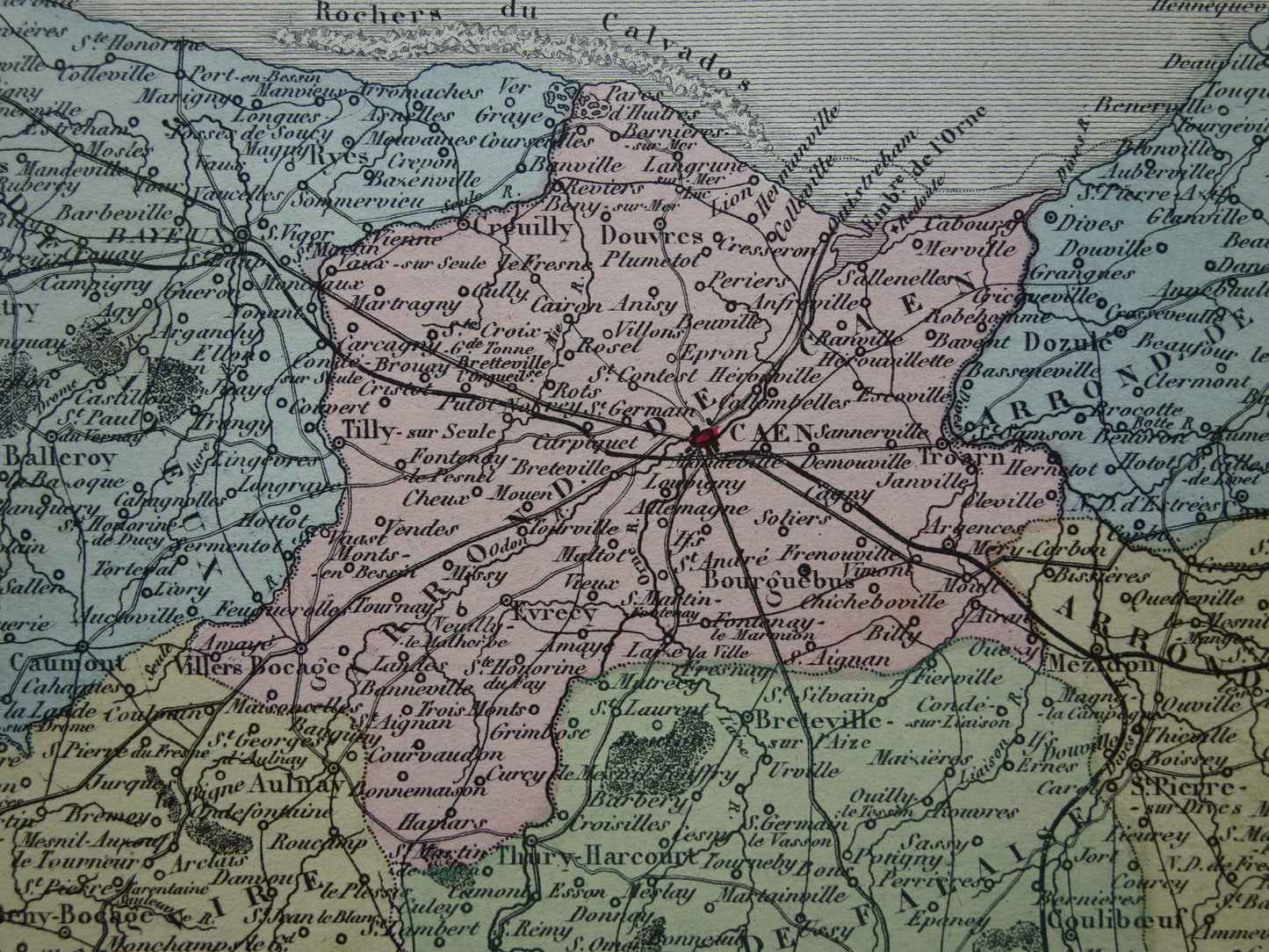 CALVADOS Oude Kaart van departement in Frankrijk uit 1870 originele antieke handgekleurde landkaart Caen Calvados