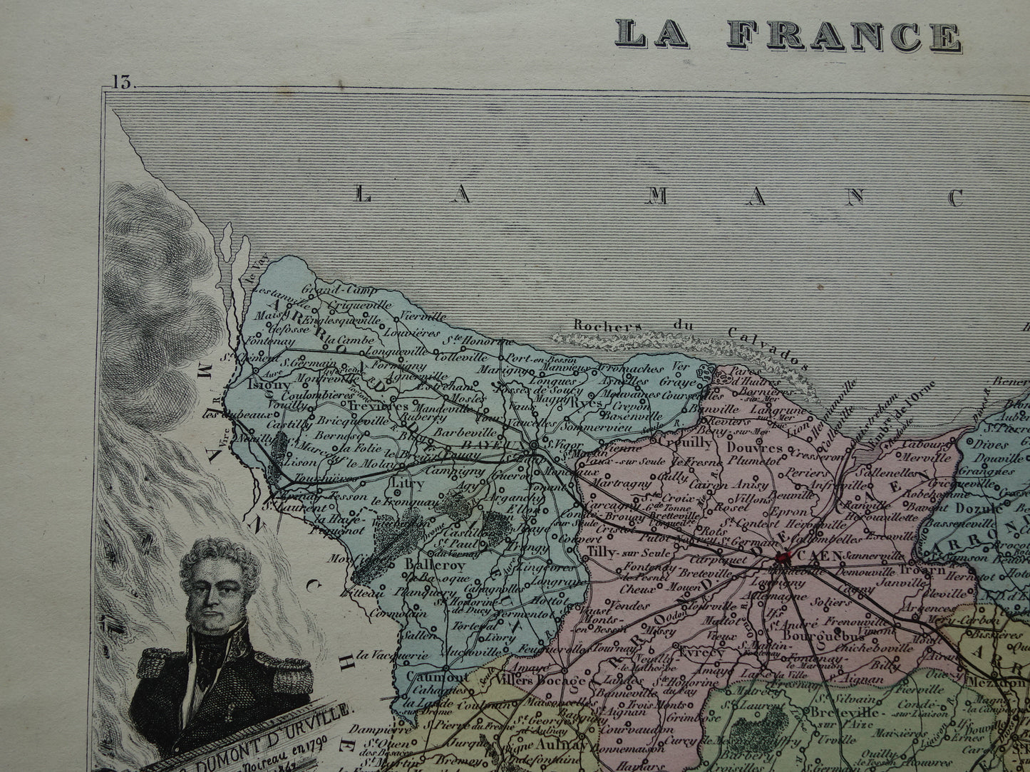 CALVADOS Oude Kaart van departement in Frankrijk uit 1870 originele antieke handgekleurde landkaart Caen Calvados