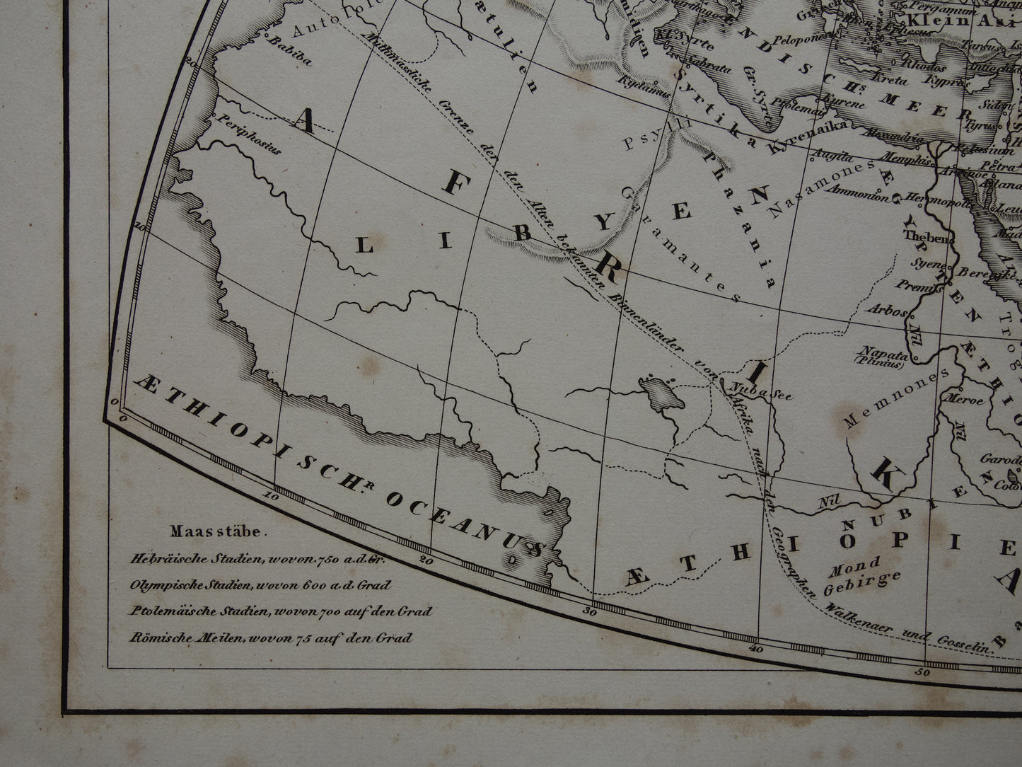 Antieke historische WERELDKAARTEN 1849 oude print met kaart van Strabo Ptolemaeus Herodotus van de wereld in de klassieke oudheid