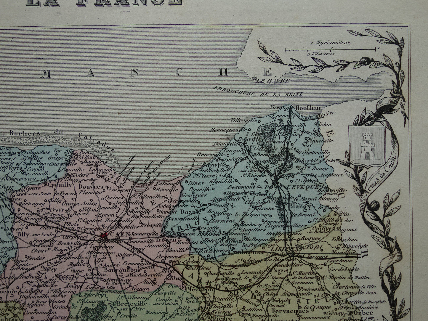 CALVADOS Oude Kaart van departement in Frankrijk uit 1870 originele antieke handgekleurde landkaart Caen Calvados