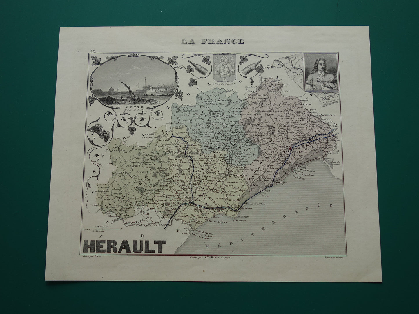 Hérault Frankrijk Oude kaart uit 1870 originele antieke handgekleurde landkaart Herault departement Montpellier