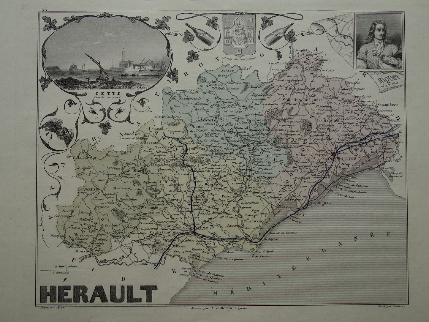 Hérault Frankrijk Oude kaart uit 1870 originele antieke handgekleurde landkaart Herault departement Montpellier
