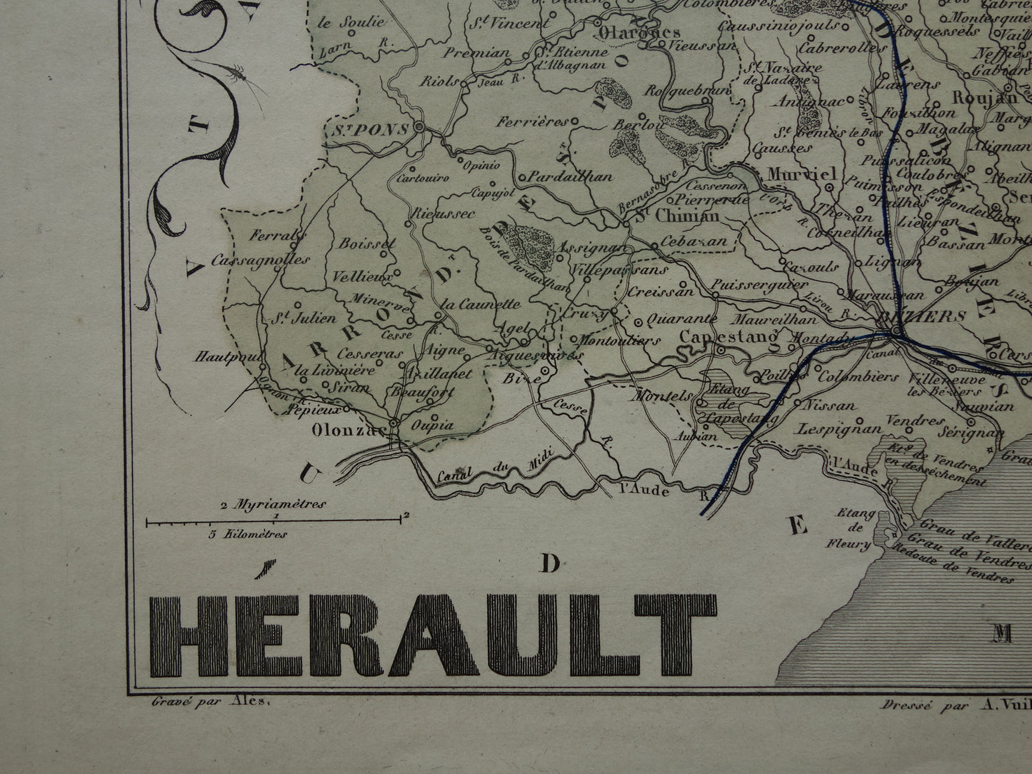 Hérault Frankrijk Oude kaart uit 1870 originele antieke handgekleurde landkaart Herault departement Montpellier