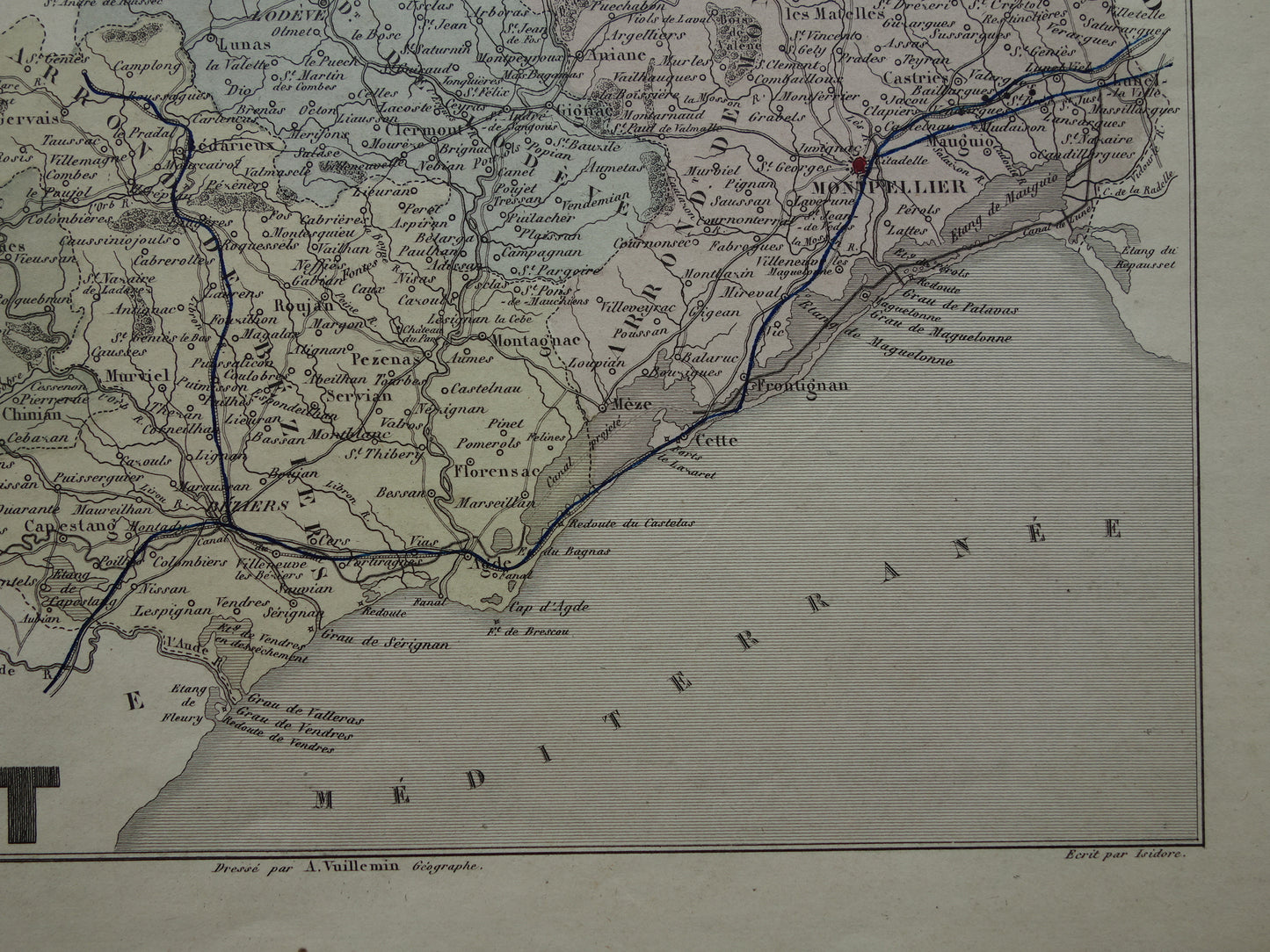 Hérault Frankrijk Oude kaart uit 1870 originele antieke handgekleurde landkaart Herault departement Montpellier